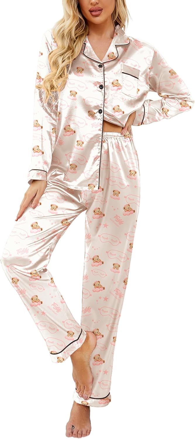 Ekouaer Womens Satin Pajama Set Classic Pattern Silky Pj Sets Button Down Sleepwear Loungewear