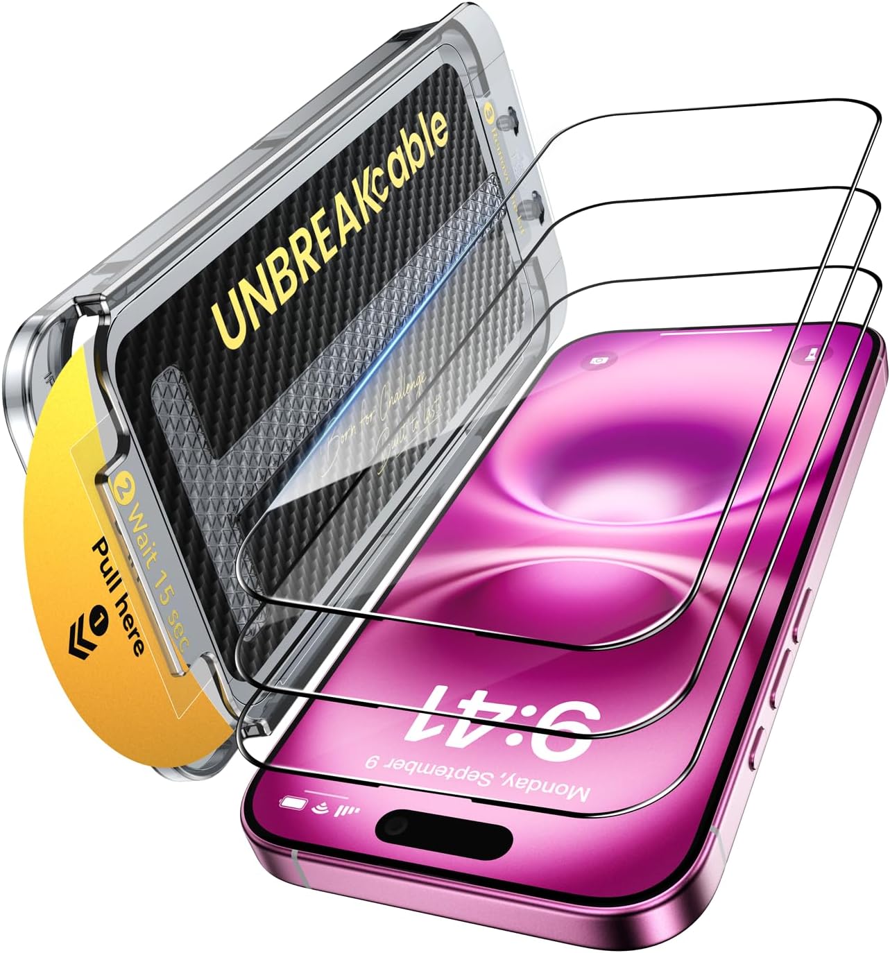 UNBREAKcable 3-Pack Screen Protector for iPhone 16 Pro Max Tempered Glass - [One-Pull Perfection] [Auto Dust-Elimination] [9H+ Hardness] [99.99% HD Clear] Full Coverage for iPhone 6.9 inch