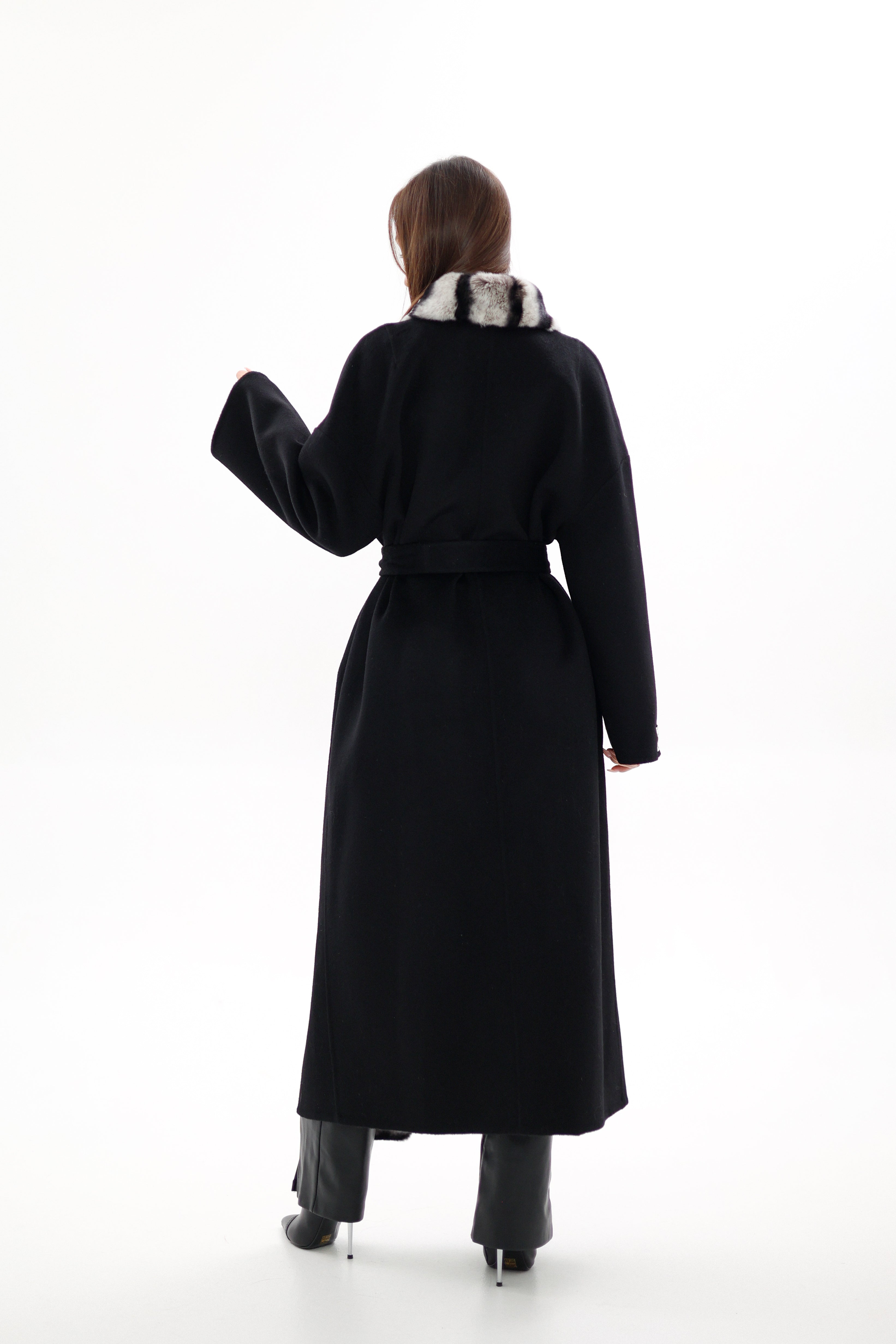 Genuine  French Orylag Fur Italian Cashmere Wool Coat 130cm