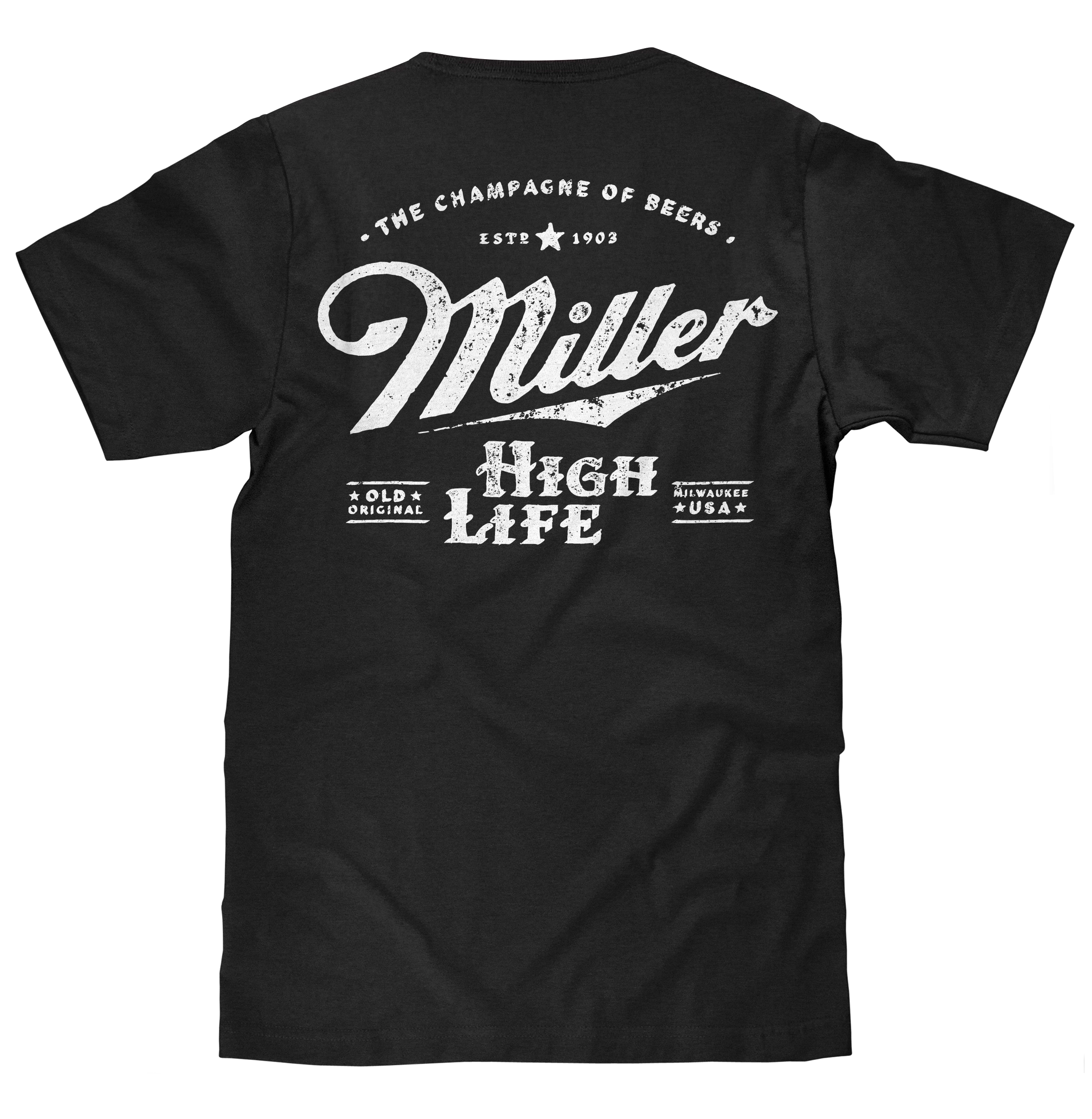 Distressed Miller High Life Logo Front and Back Print T-Shirt - Black