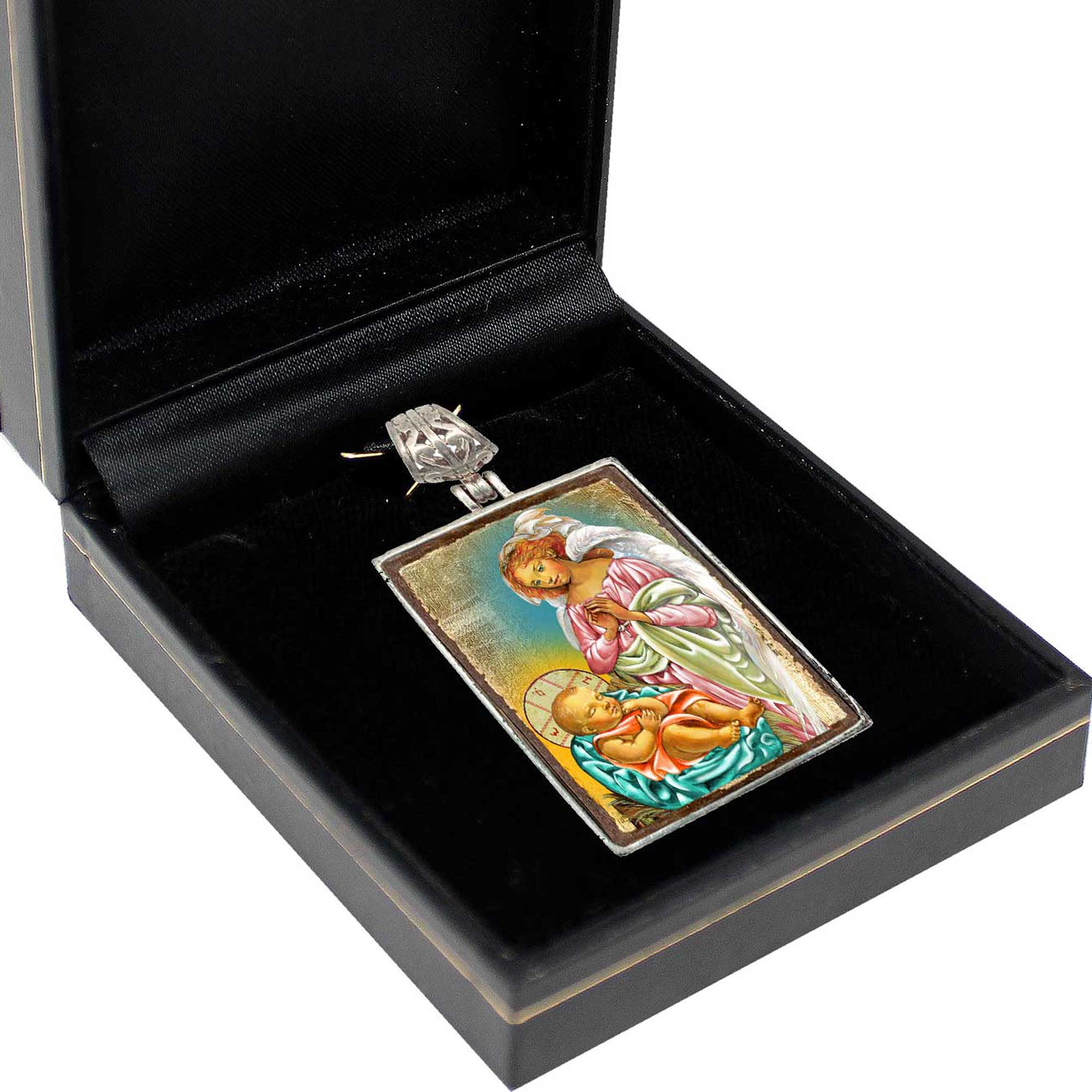 Blessing Angels Religious Jewelry Silver Plated Necklace, Gold-Plated Wooden Cabochon - Christian Sacred Icon - Inspirational Icon Decor - 43028R
