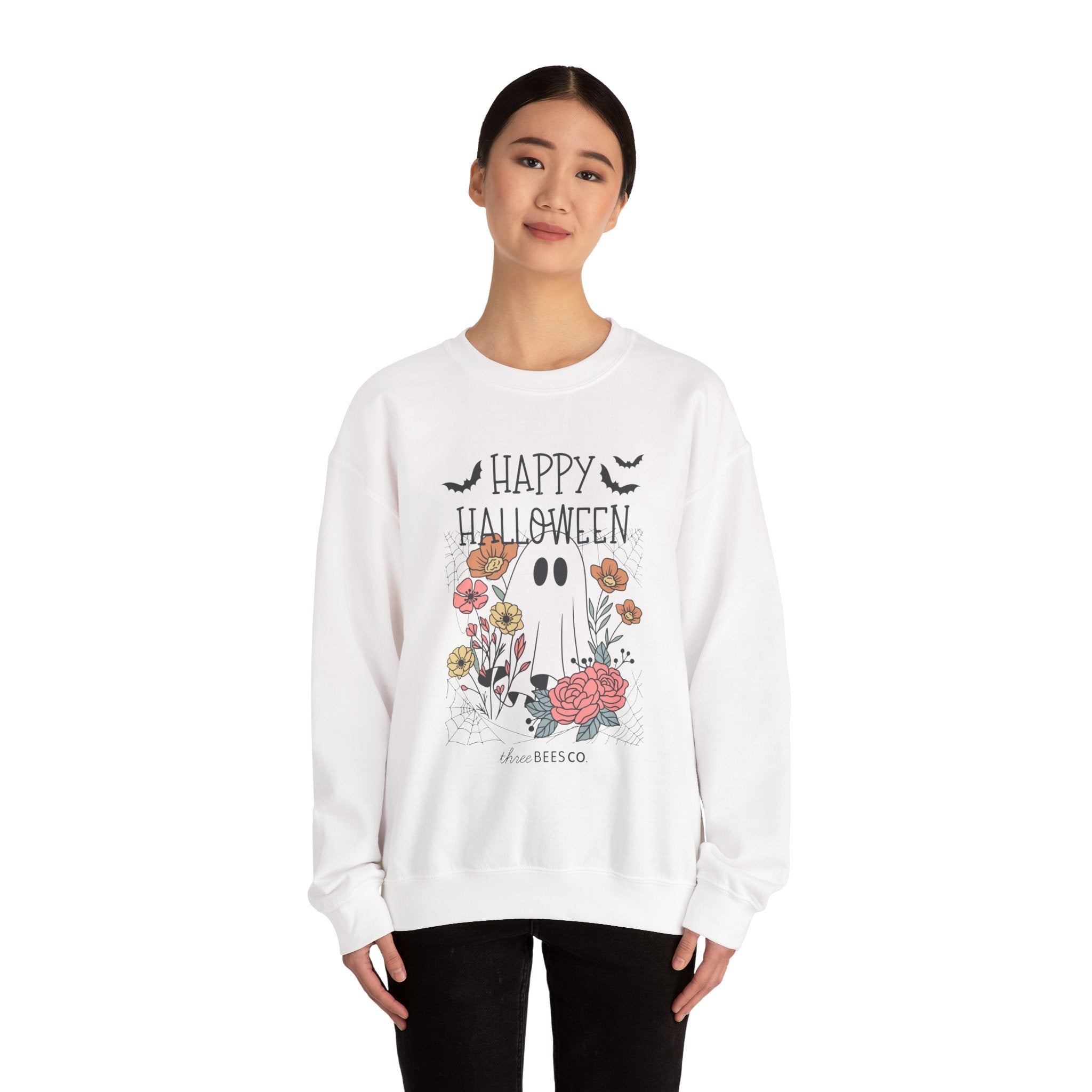 Happy Halloween Ghost Floral Sweatshirt | Cozy Gildan Unisex Crewneck, Three Bees Co. Fall Fashion, Halloween Apparel, Spooky Season Essentials