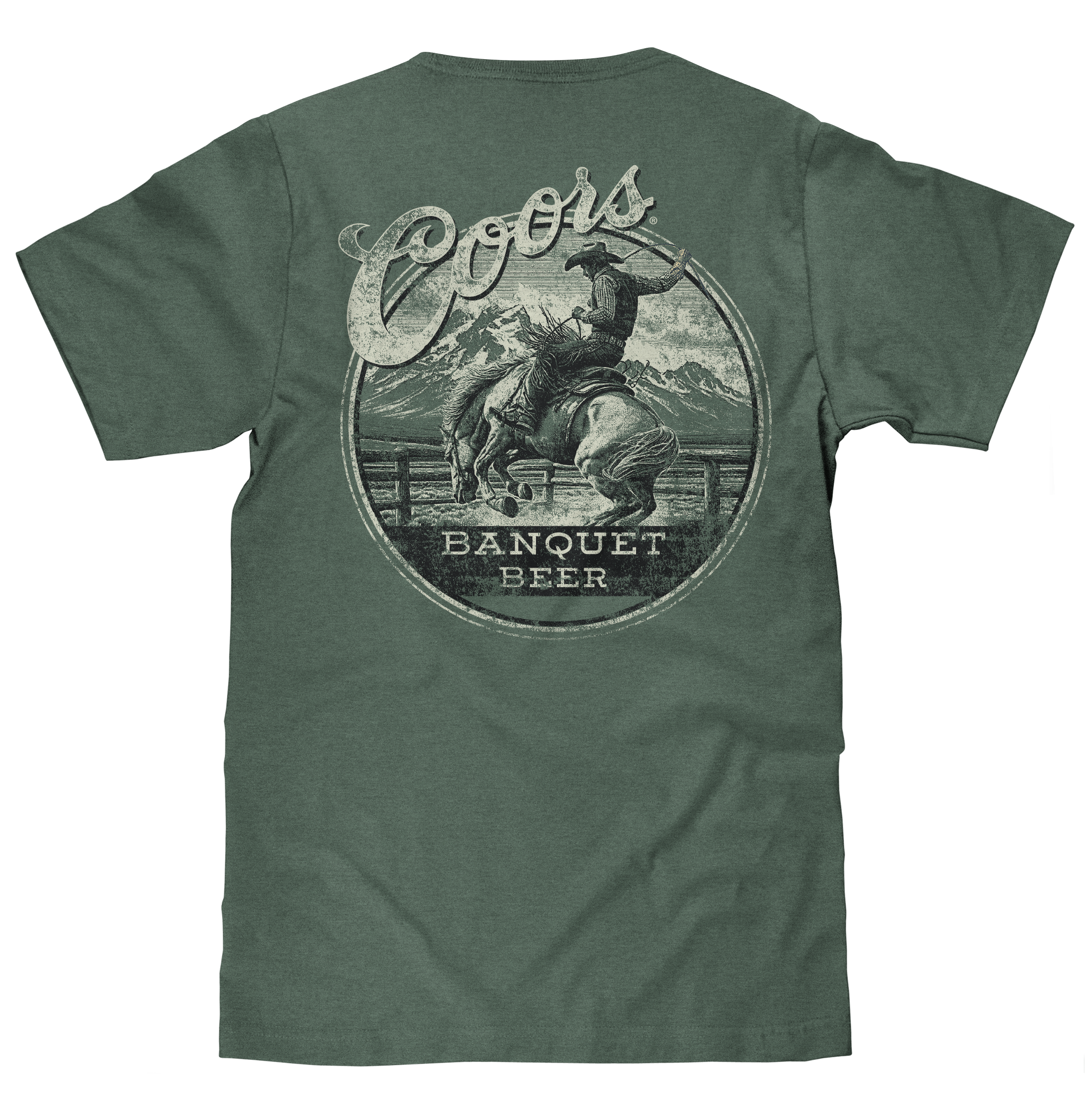 Coors Banquet Beer Rodeo Horse Front Pocket Tee T-Shirt - Cypress Green