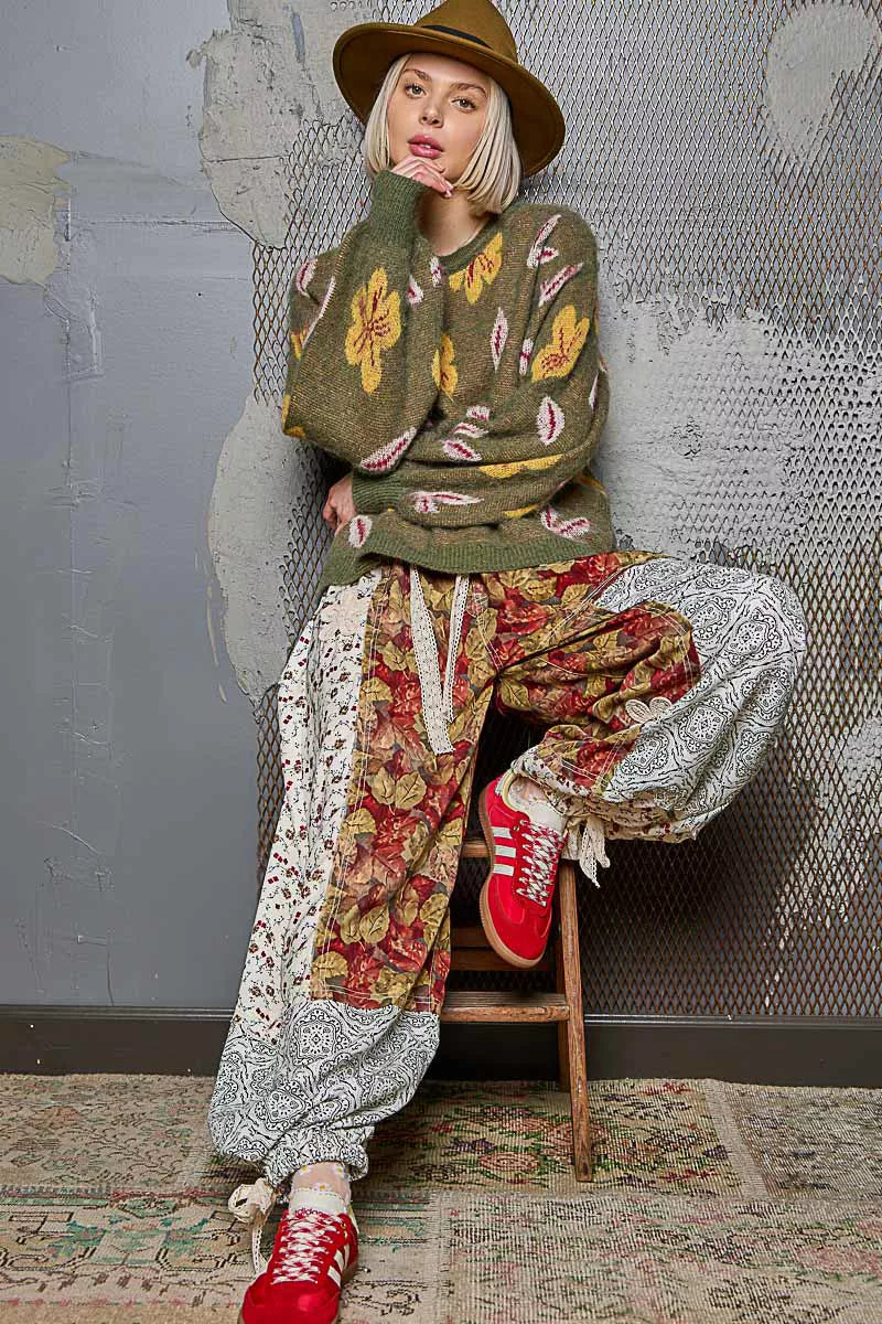 POL Floral Pattern Round Neck Balloon Sleeve Sweater