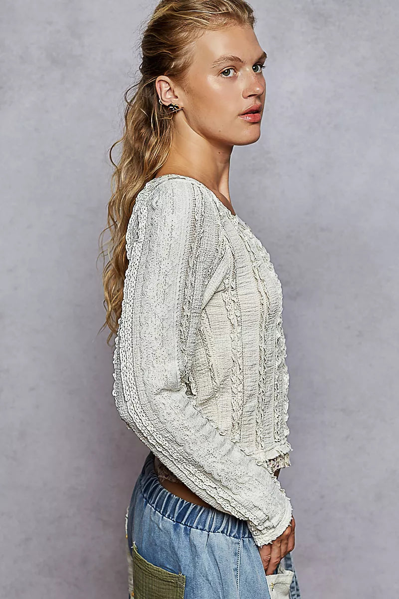POL Texture Long Sleeve Blouse with Floral Ruffled