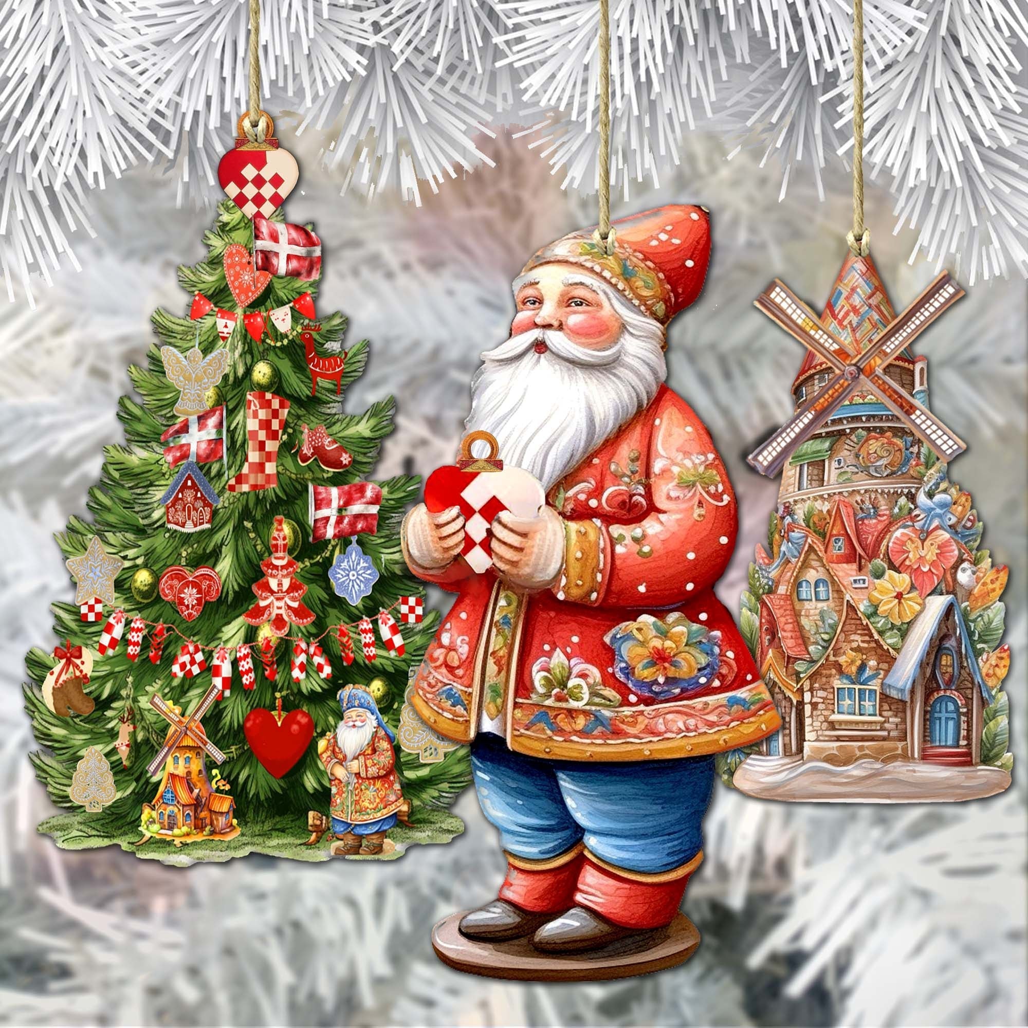 Santas Around the World - Danish Inspired Santa - Wooden Ornaments Set of 3 by G. DeBrekht Christmas Santa Snowman Decor - 8091302S3