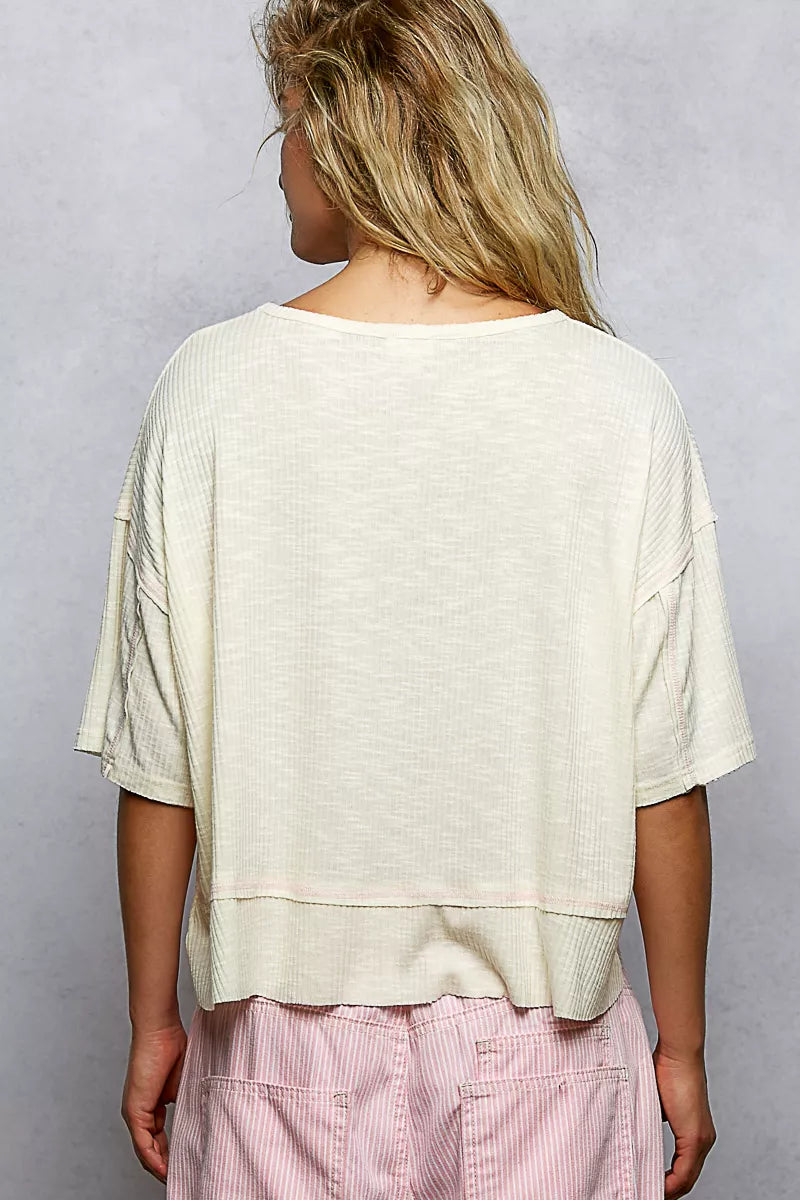 POL Short Sleeve Ccopped Rib T-Shirt with Contrast Stitch Detail