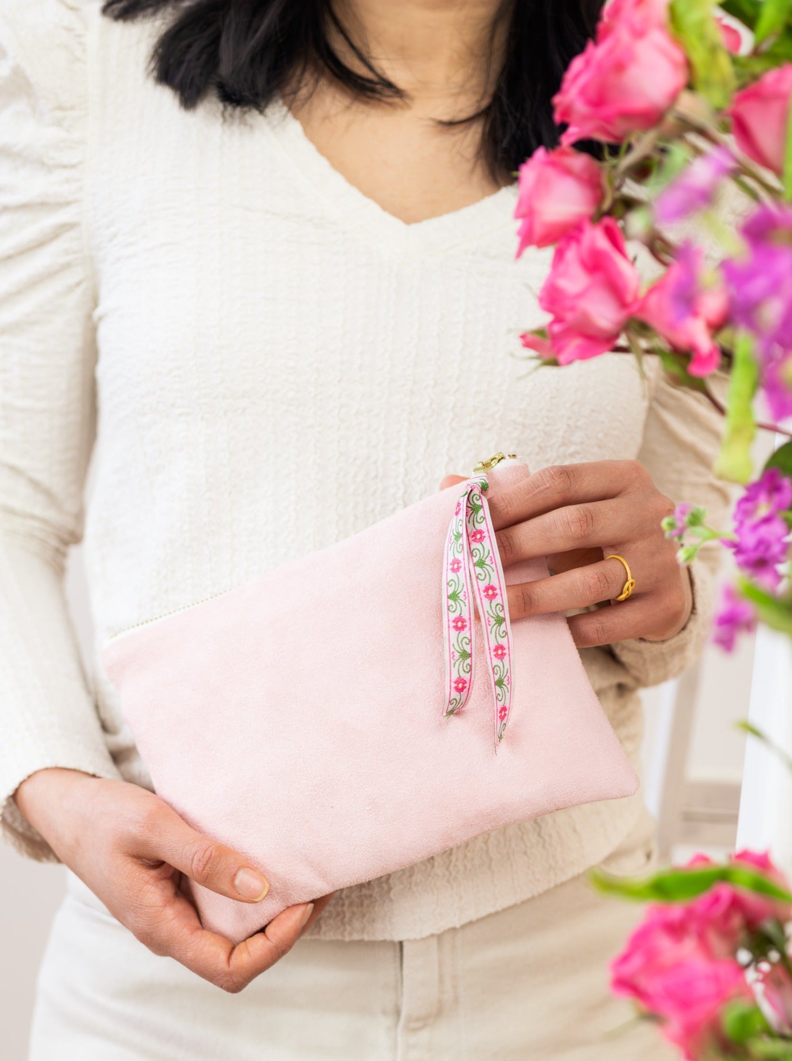 Pink Fleur Vegan Suede Clutch Purse