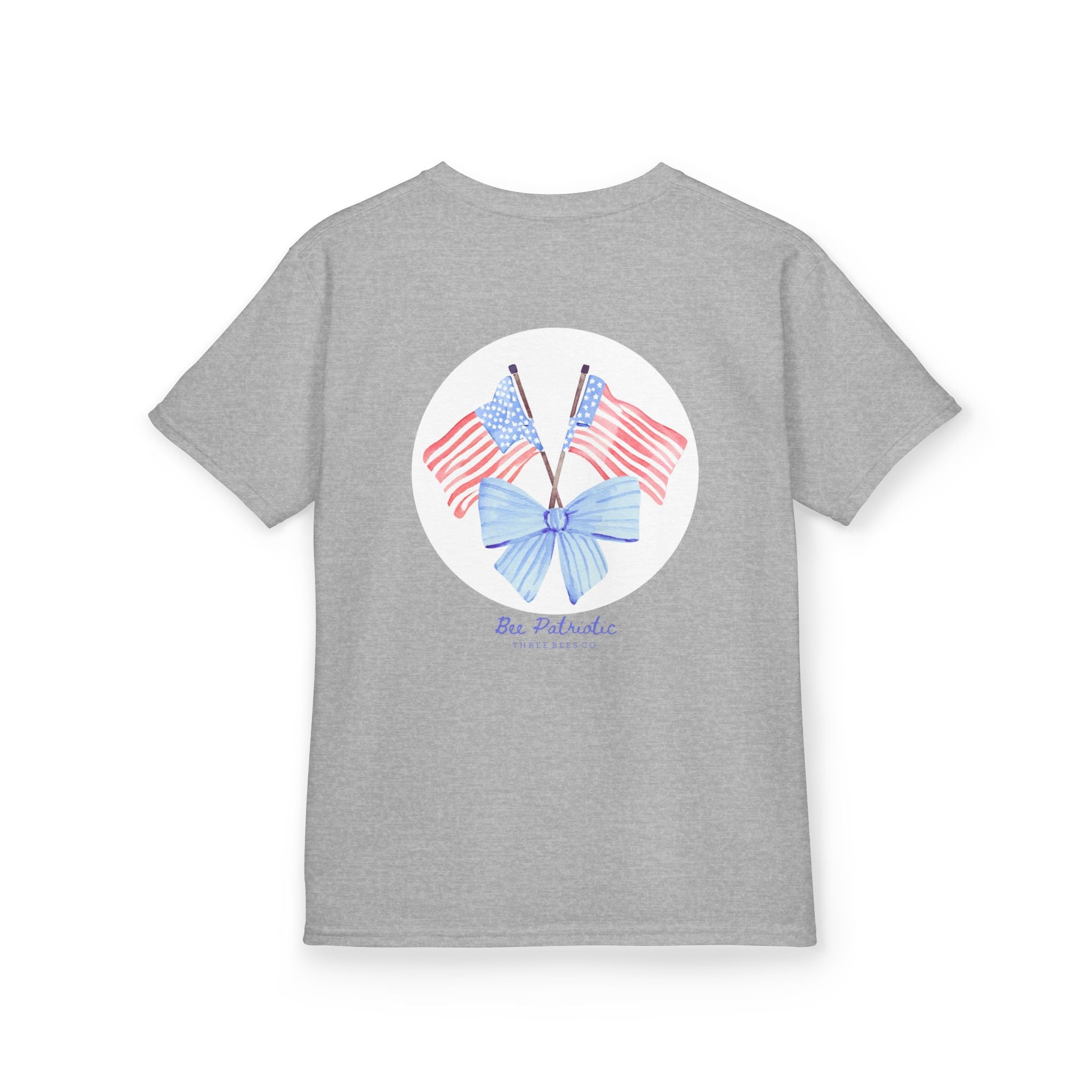 Bee Patriotic American Flag with Bow Girls Short Sleeve Youth Heavy Cotton Gildan Hive Tee