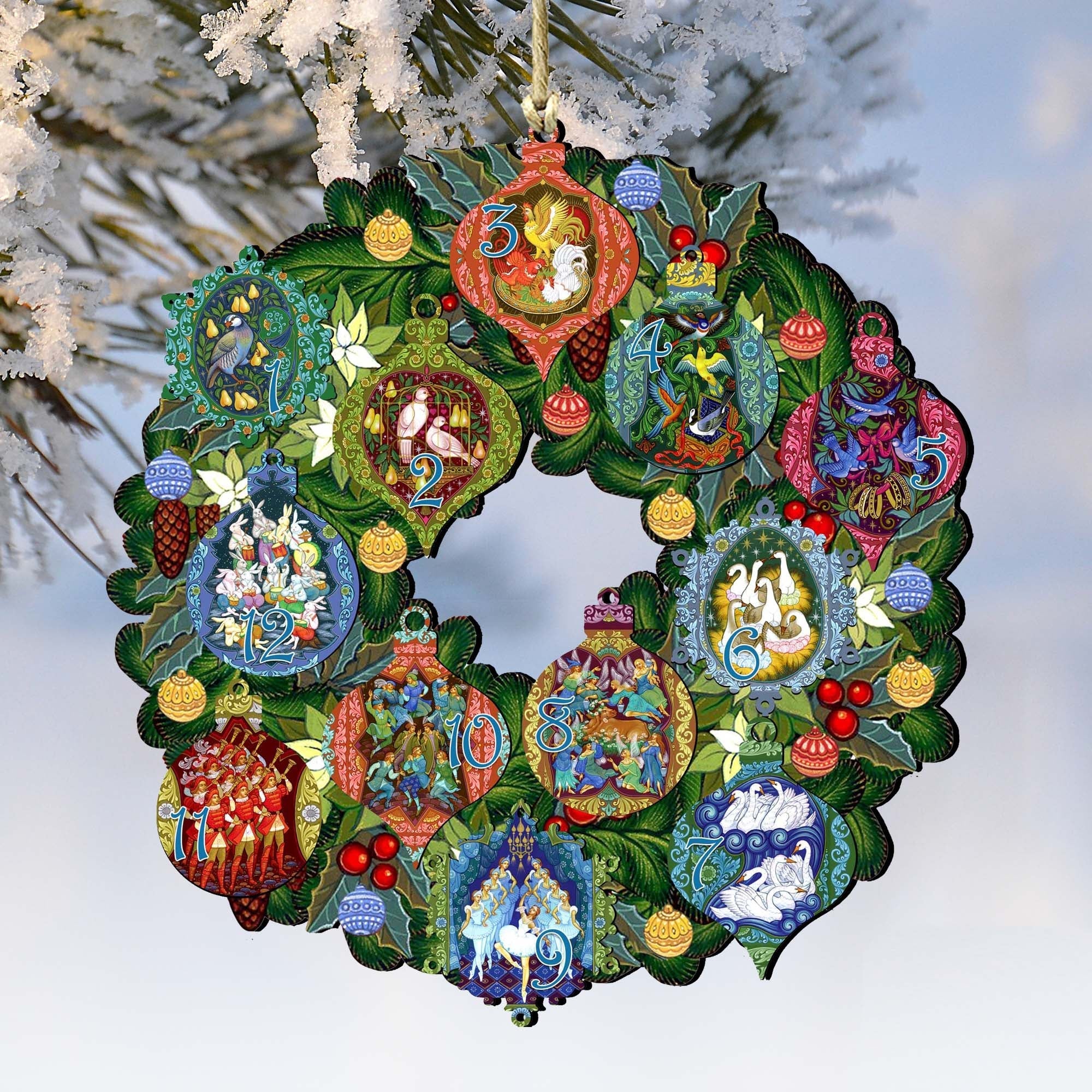12 Days of Christmas Wreath Wooden Ornaments by G. Debrekht - Christmas Decor - 8185313