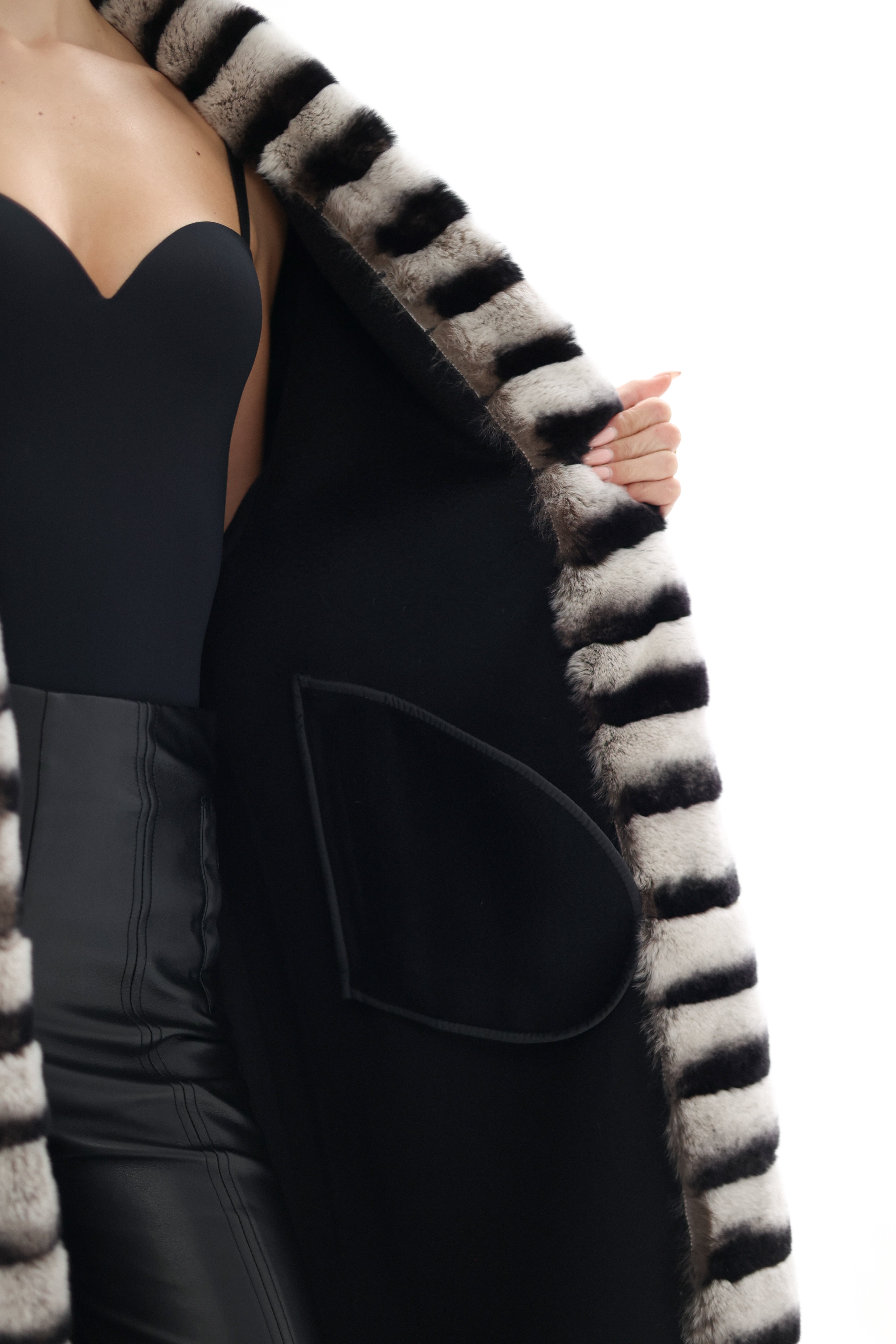 Genuine  French Orylag Fur Italian Cashmere Wool Coat 130cm