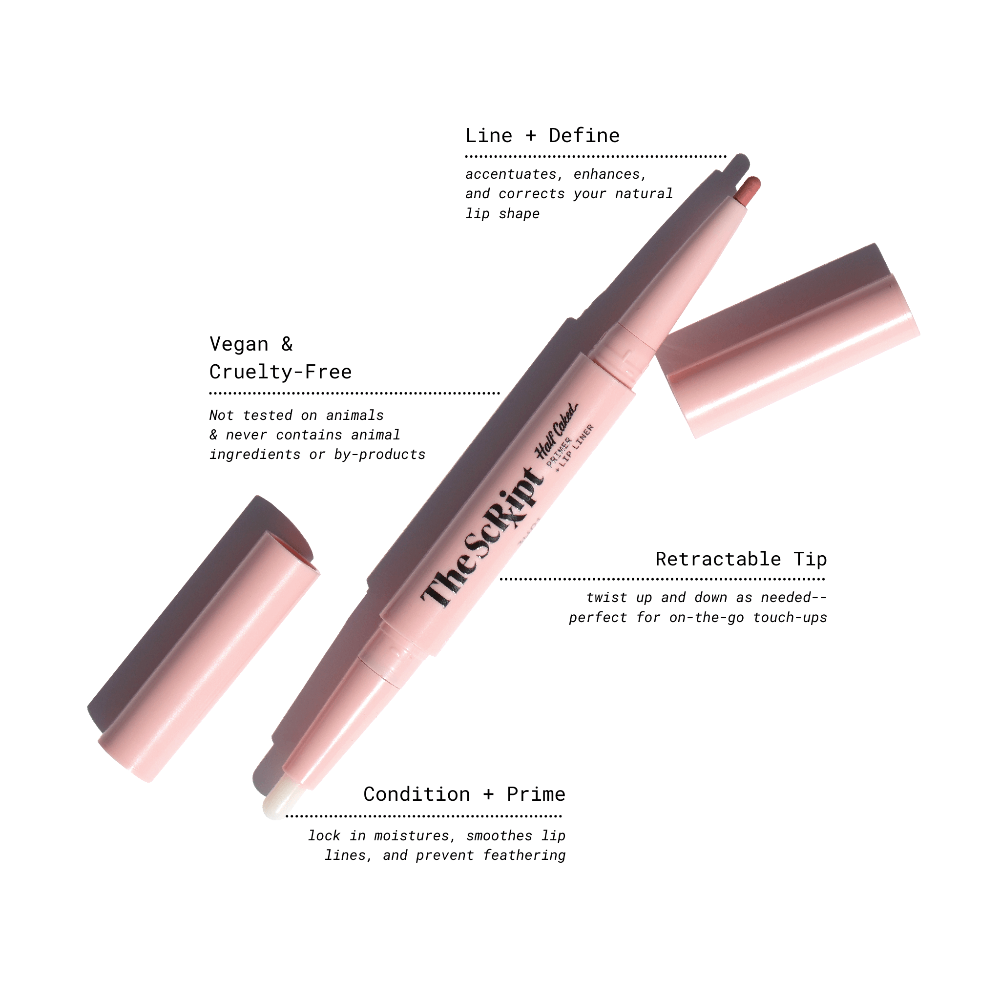 Pink Script Primer + Lip Liner with black text, featuring a retractable design for precise application and a primer to enhance longevity and hydration.