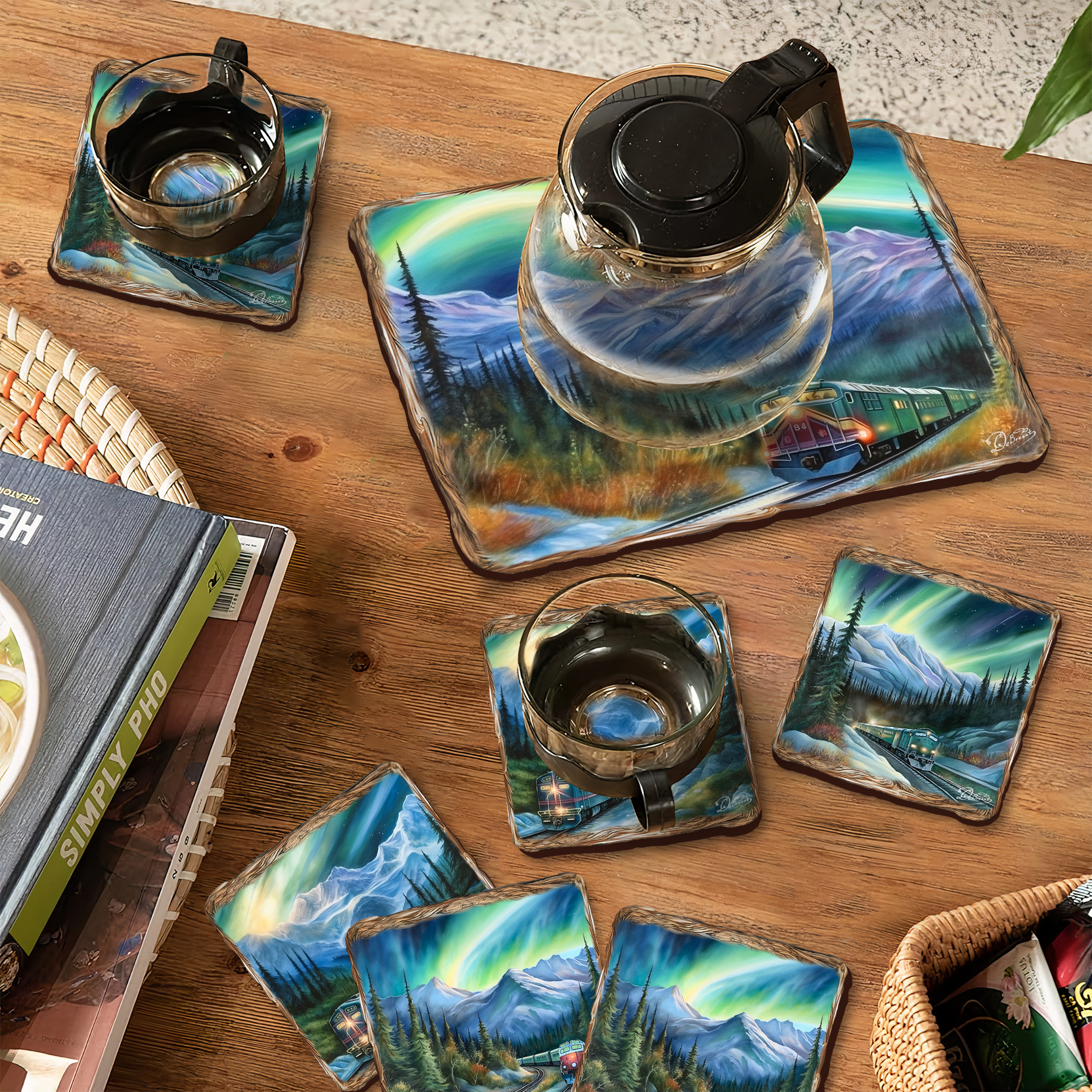 Northern Lights Wooden Cork Placemat and Coasters Gift Set of 7 by Nature Wonders Nature Wildlife Decor  - 85411C-S7