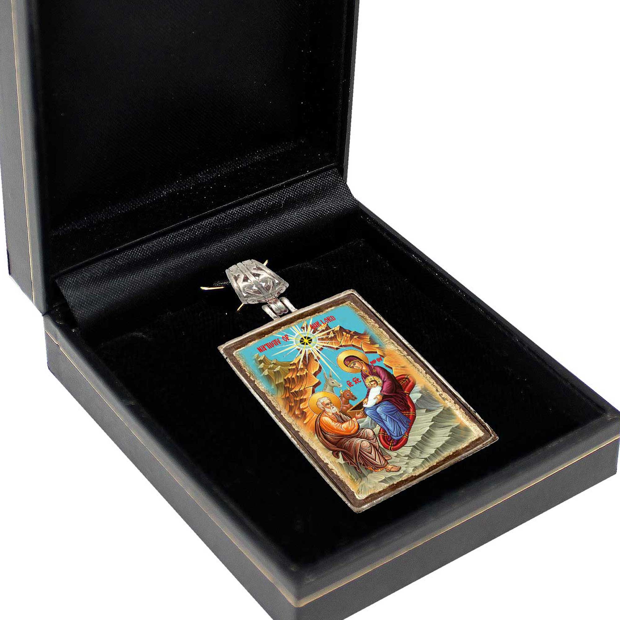 Nativity Religious Jewelry Silver Plated Necklace, Gold-Plated Wooden Cabochon - Orthodox Sacred Icon - Inspirational Icon Decor - 43052R