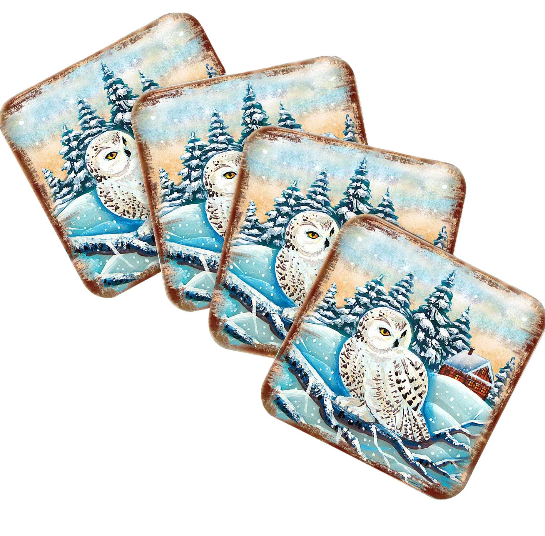 Owl Wooden Cork Coasters Gift Set of 4 by Nature Wonders - Nature Wildlife Decor  - 95213C-S4