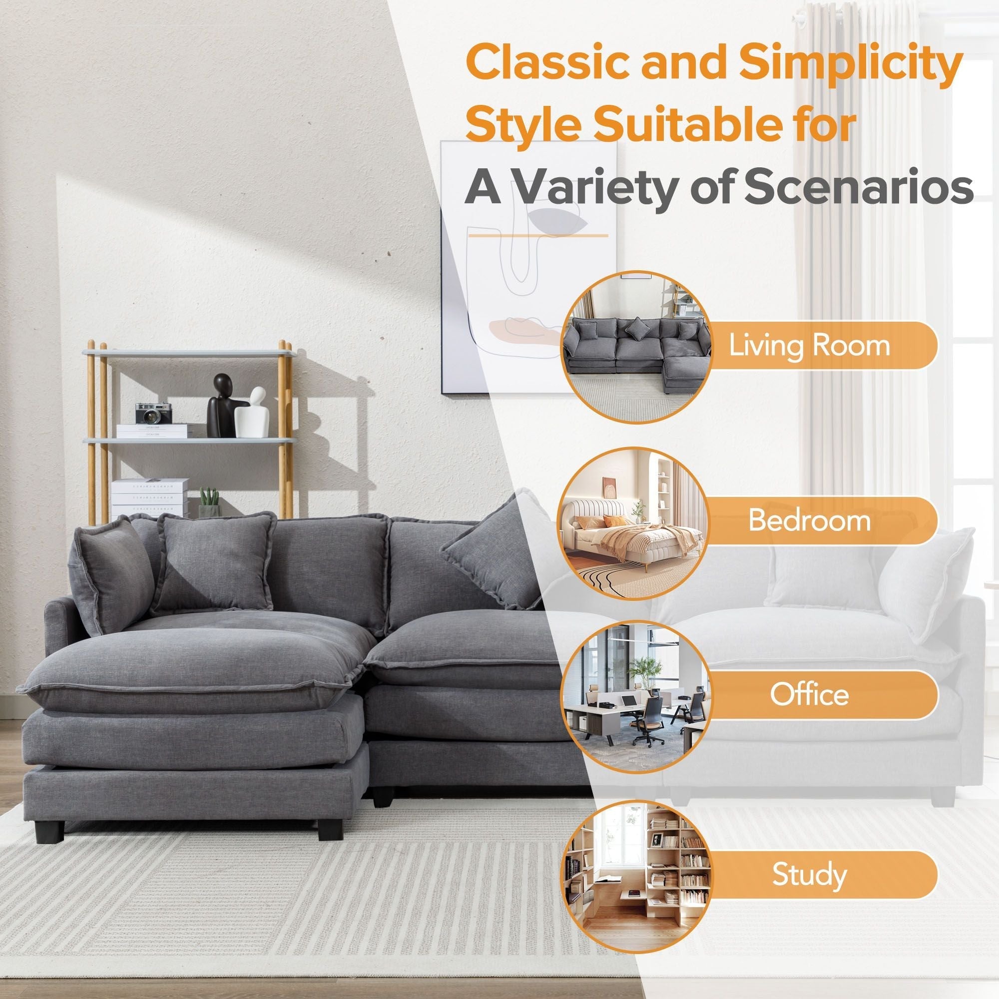 7DAY'S 112.2\" L-Shape Chenille Upholstered Sofa for Living Room Modern Luxury Sofa Couch with Ottoman and 5 Pillows for Living Room