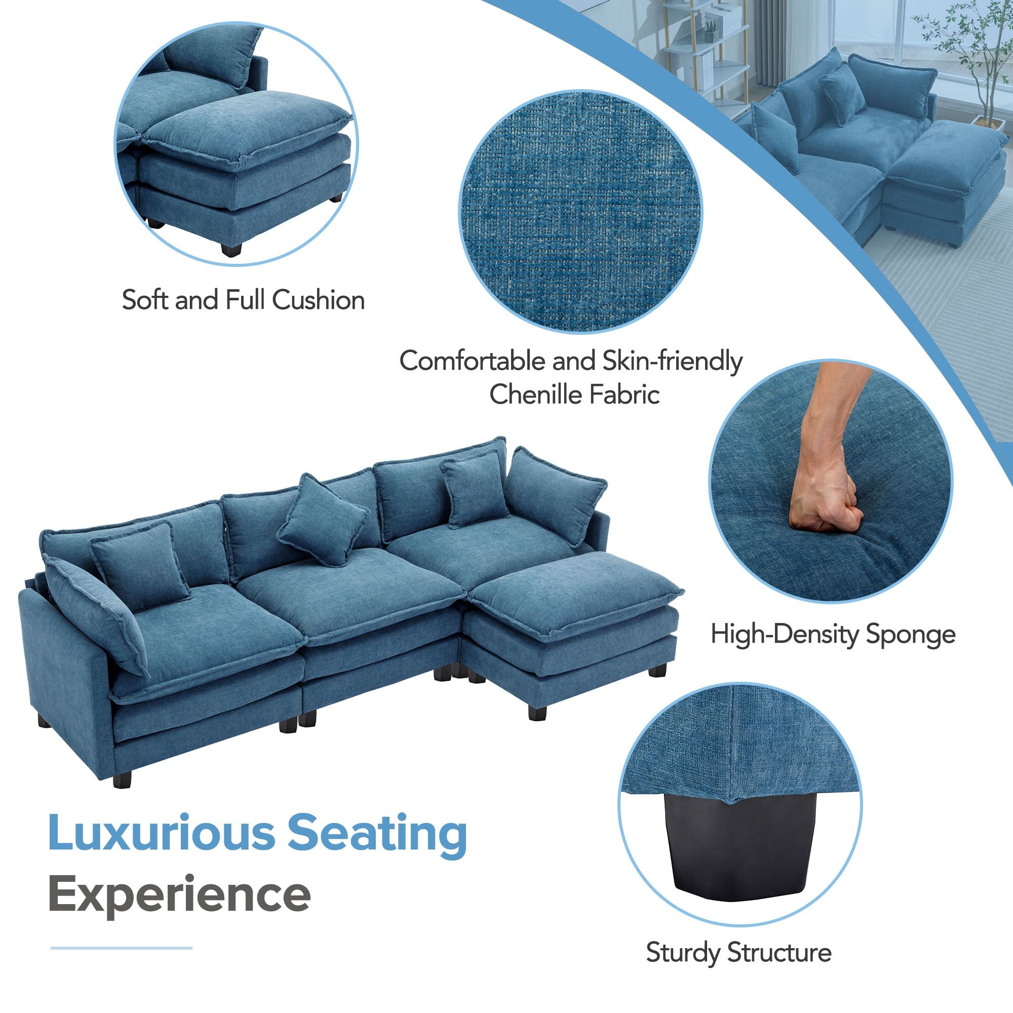 7DAY'S 112.2\" L-Shape Chenille Upholstered Sofa for Living Room Modern Luxury Sofa Couch with Ottoman and 5 Pillows for Living Room