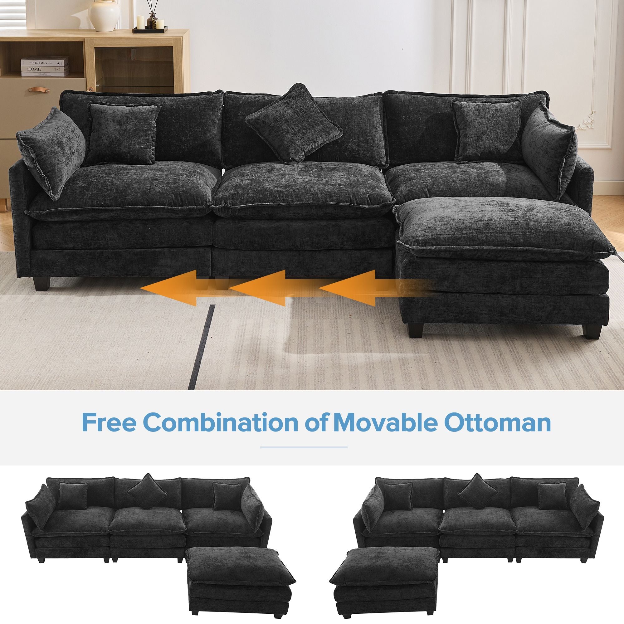 7DAY'S 112.2\" L-Shape Chenille Upholstered Sofa for Living Room Modern Luxury Sofa Couch with Ottoman and 5 Pillows for Living Room