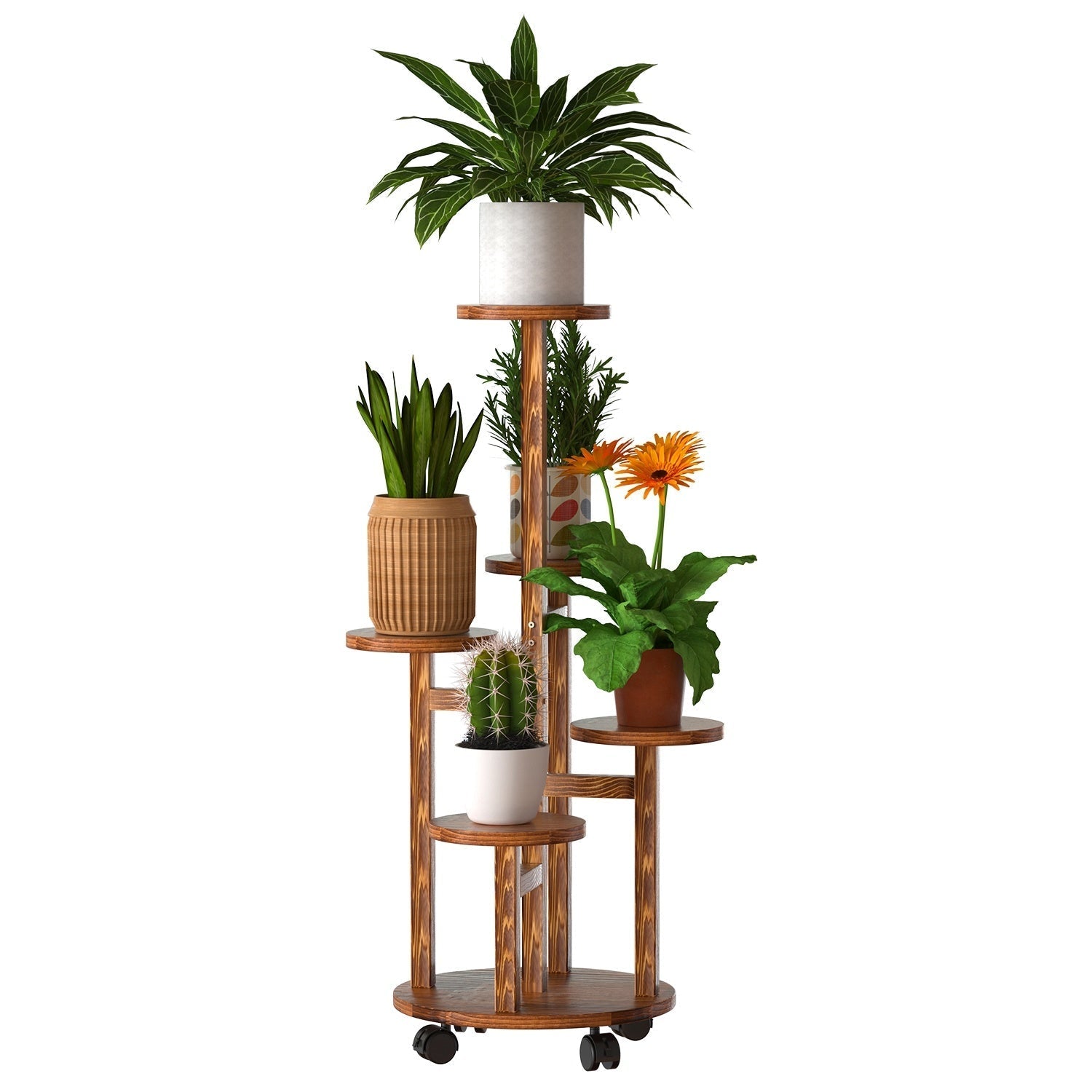 7DAY'S 5 Tier Plant Stand with 4 Detachable Wheels Wooden Plant Pot Rolling Shelf Plant Display Rack for Indoor Outdoor Decoration
