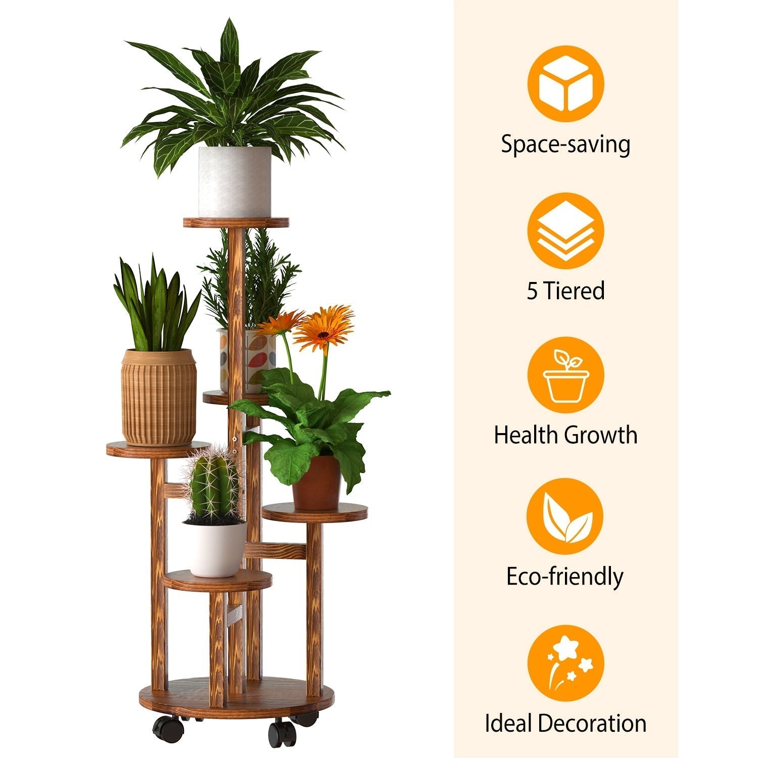 7DAY'S 5 Tier Plant Stand with 4 Detachable Wheels Wooden Plant Pot Rolling Shelf Plant Display Rack for Indoor Outdoor Decoration