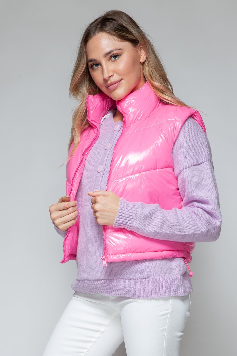 7DAY'S  Female Snobbish Zip Up Turtleneck Shiny Quilted Vest S to XL