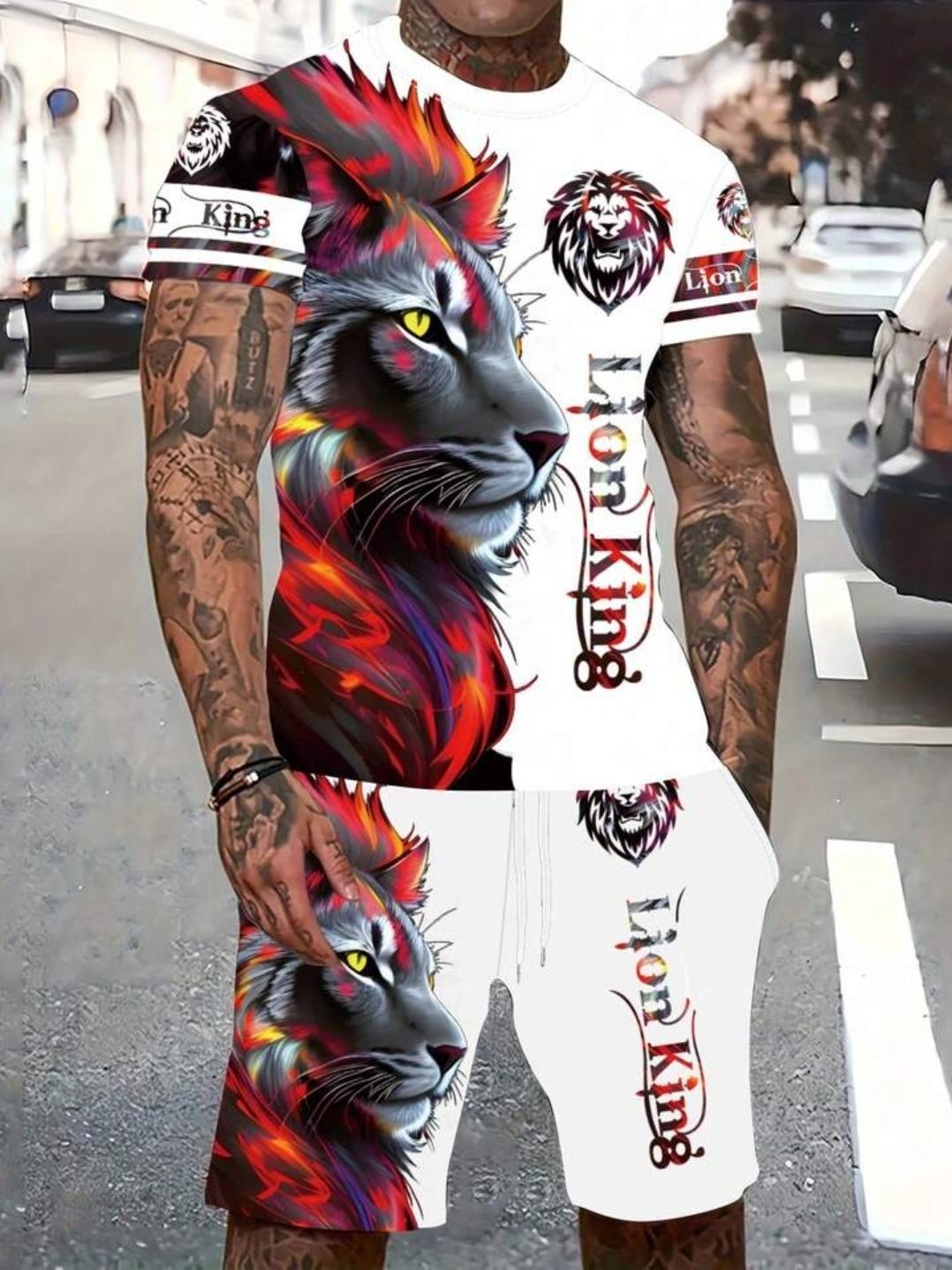 7DAY'S Men's Letter Lion Graphic Round Neck Short Sleeve Casual T-Shirt And Drawstring Waist Shorts Set