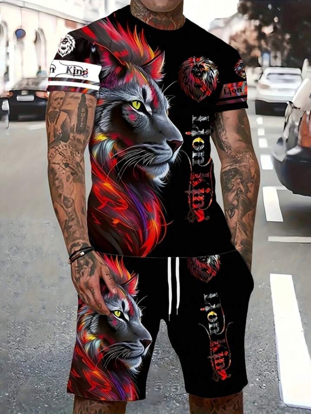 7DAY'S Men's Letter Lion Graphic Round Neck Short Sleeve Casual T-Shirt And Drawstring Waist Shorts Set