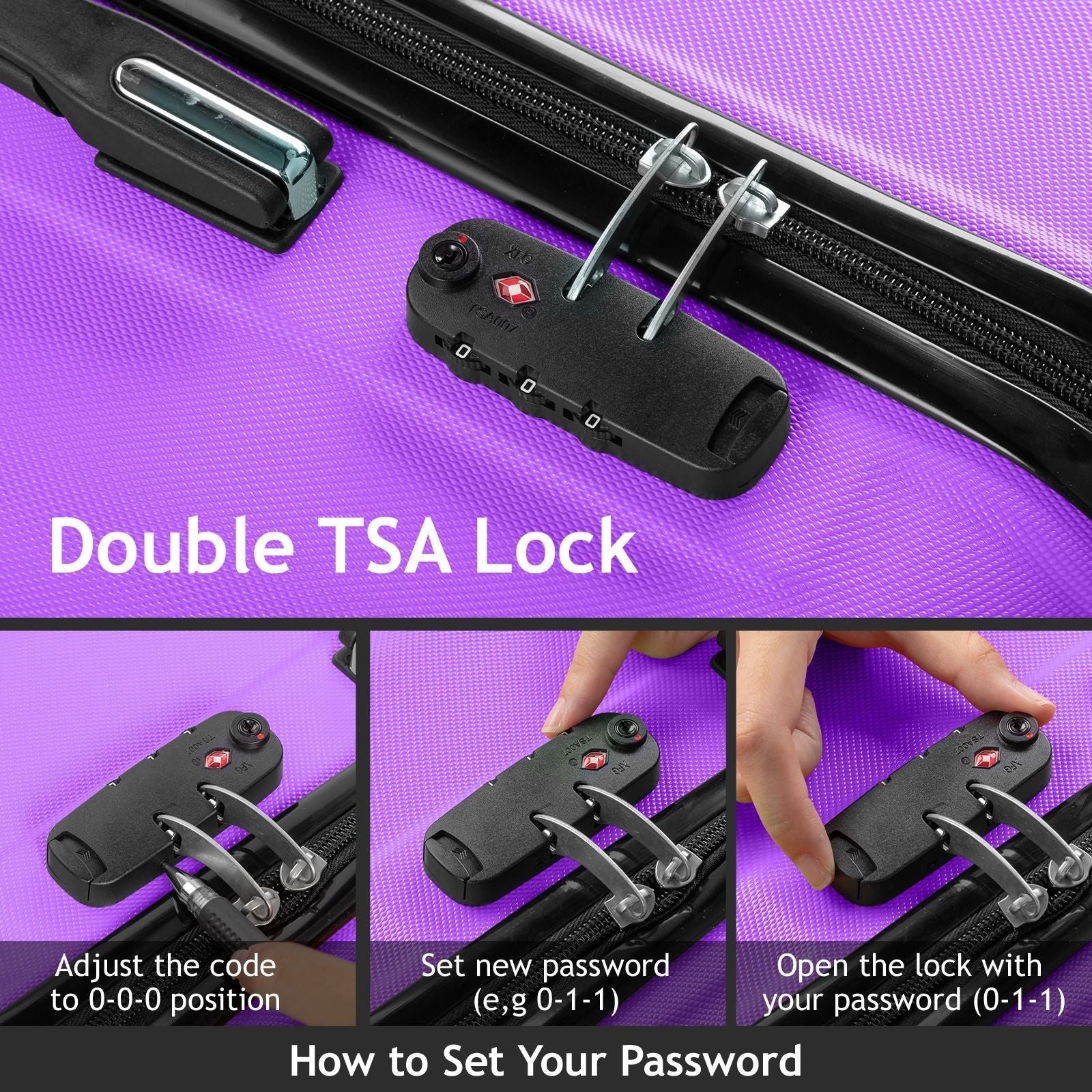 7DAY'S Trolley 3-Piece Suitcase Set, Carry-On Suitcase Set Hard Shell Lightweight Spinner with TSA Lock, Purple, Green, Yellow, Blue