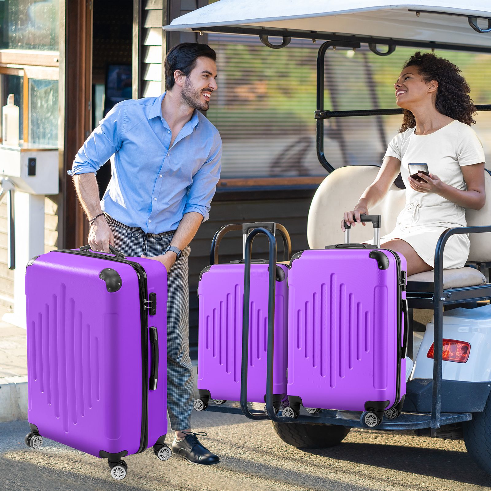 7DAY'S Trolley 3-Piece Suitcase Set, Carry-On Suitcase Set Hard Shell Lightweight Spinner with TSA Lock, Purple, Green, Yellow, Blue
