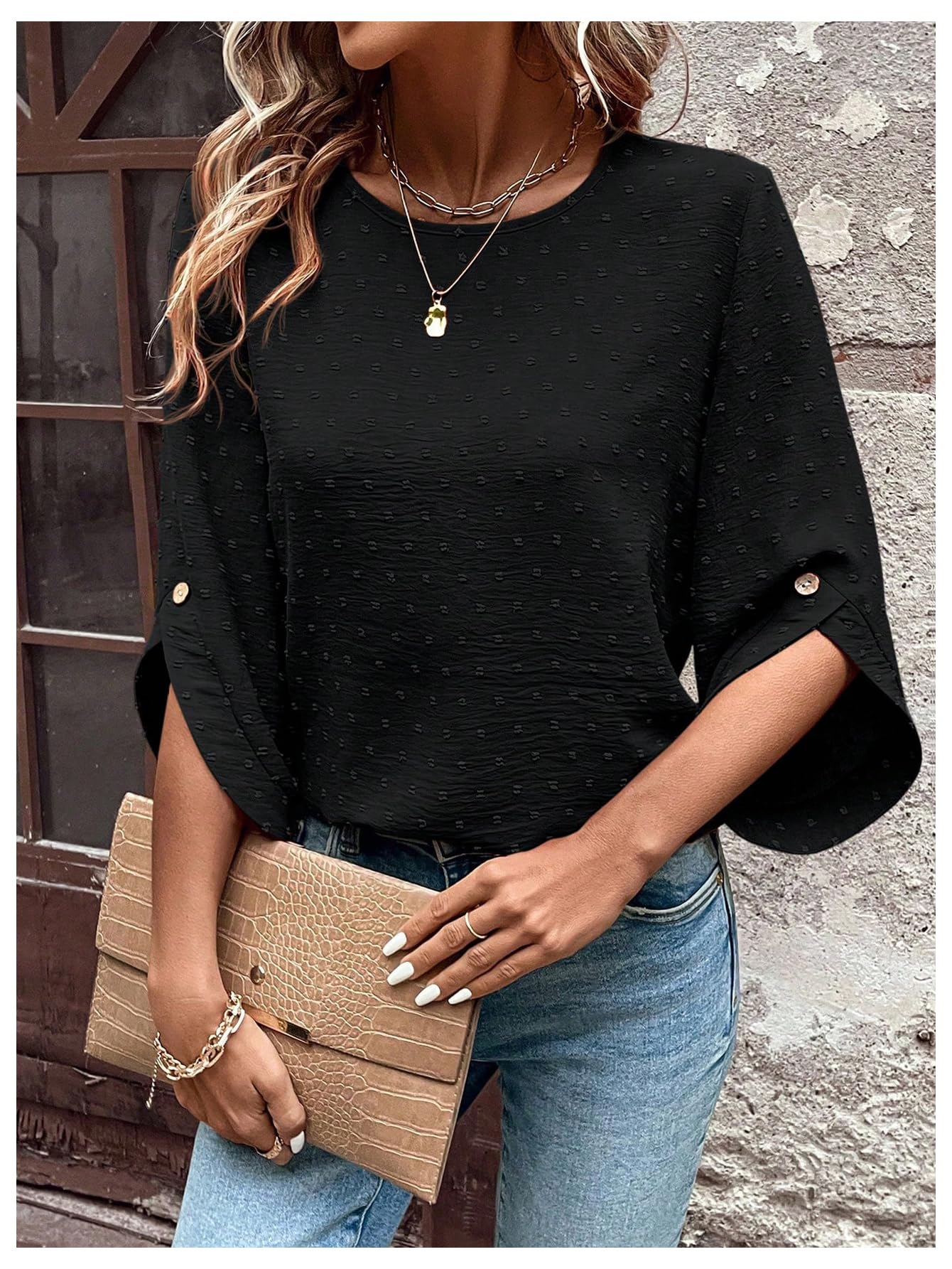 7DAY'S Women's Dressy Casual Tops Swiss Dots Short Sleeve Chiffon Blouse Summer Work Shirts