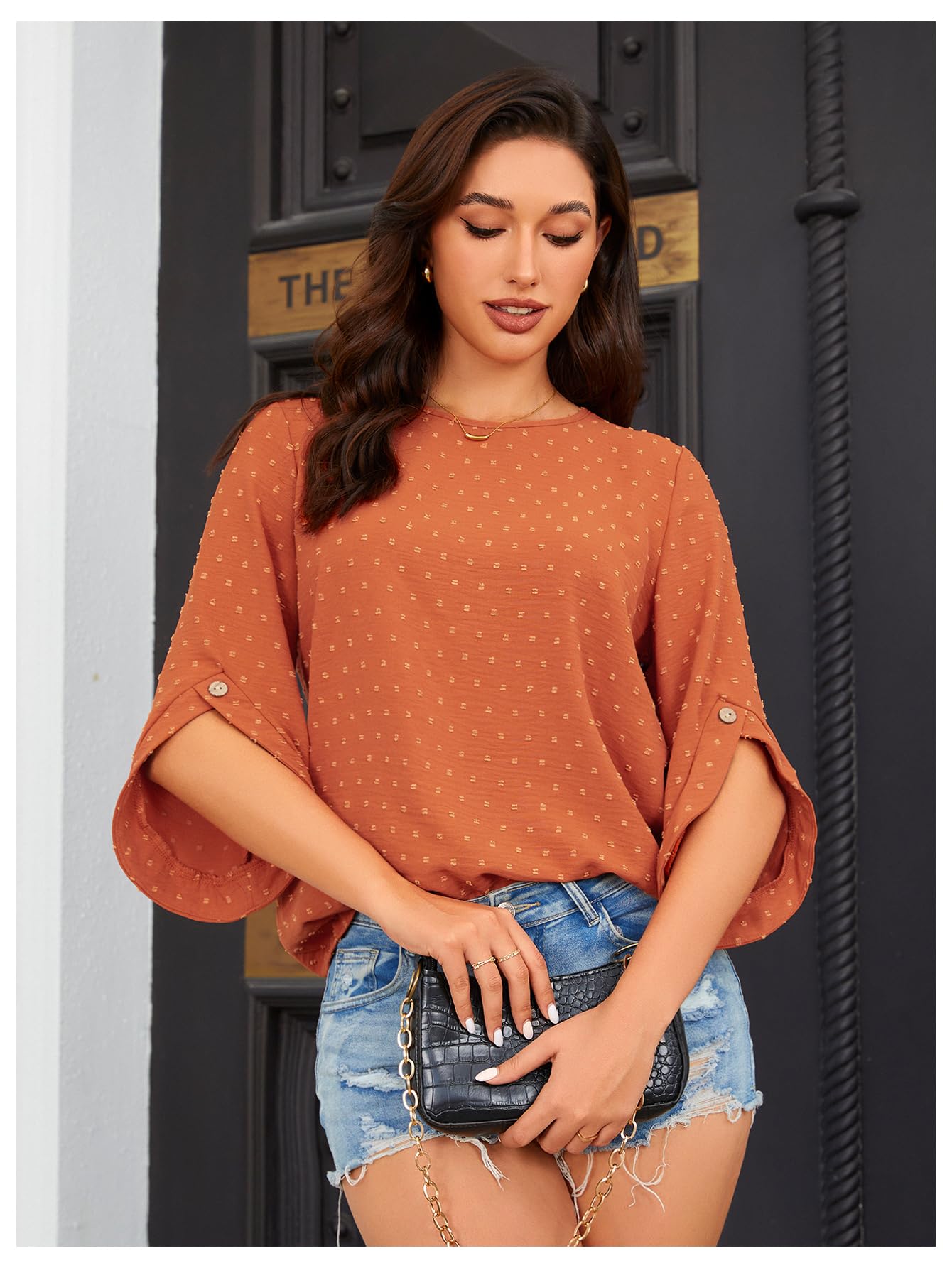 7DAY'S Women's Dressy Casual Tops Swiss Dots Short Sleeve Chiffon Blouse Summer Work Shirts