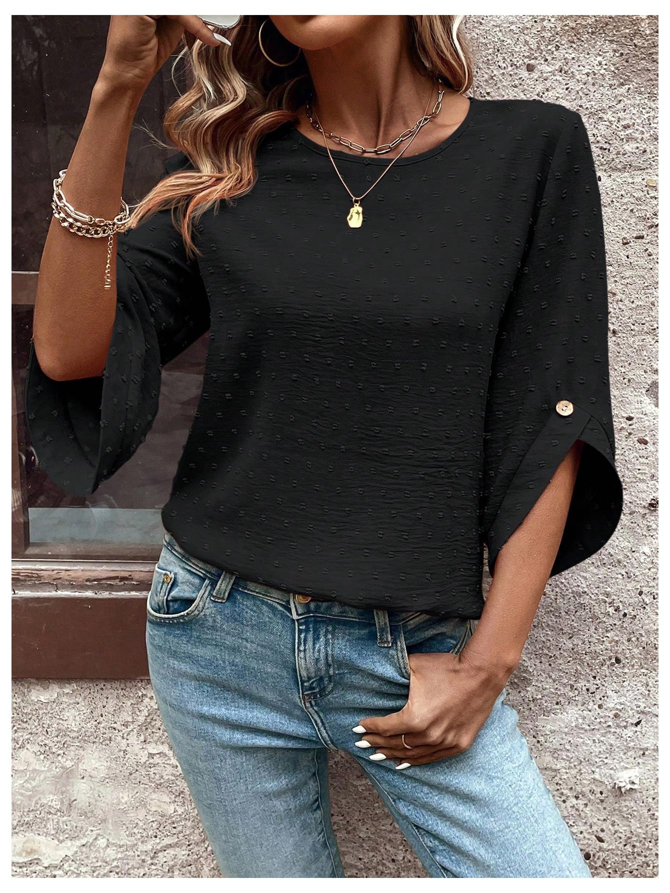 7DAY'S Women's Dressy Casual Tops Swiss Dots Short Sleeve Chiffon Blouse Summer Work Shirts