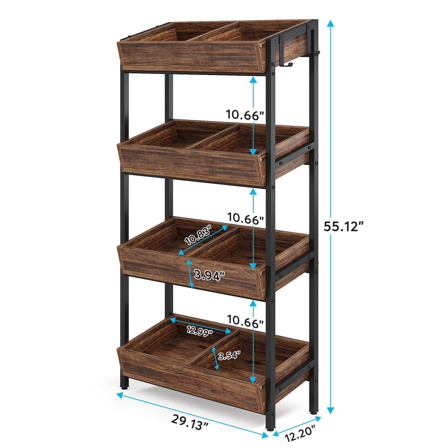 7DAY'S Wood Fruit Vegetable Storage Rack Stand, 4-Tier Storage Organizer