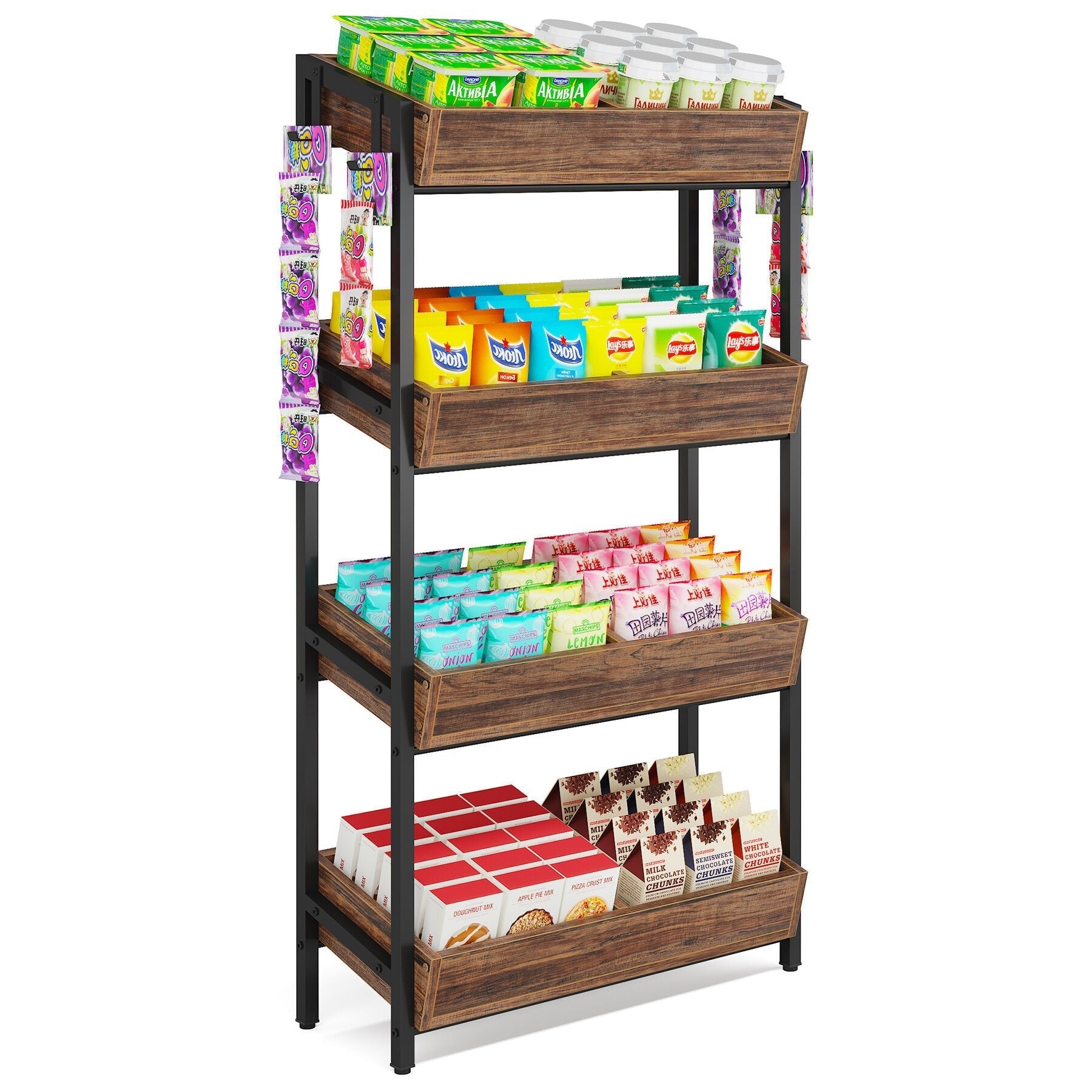 7DAY'S Wood Fruit Vegetable Storage Rack Stand, 4-Tier Storage Organizer
