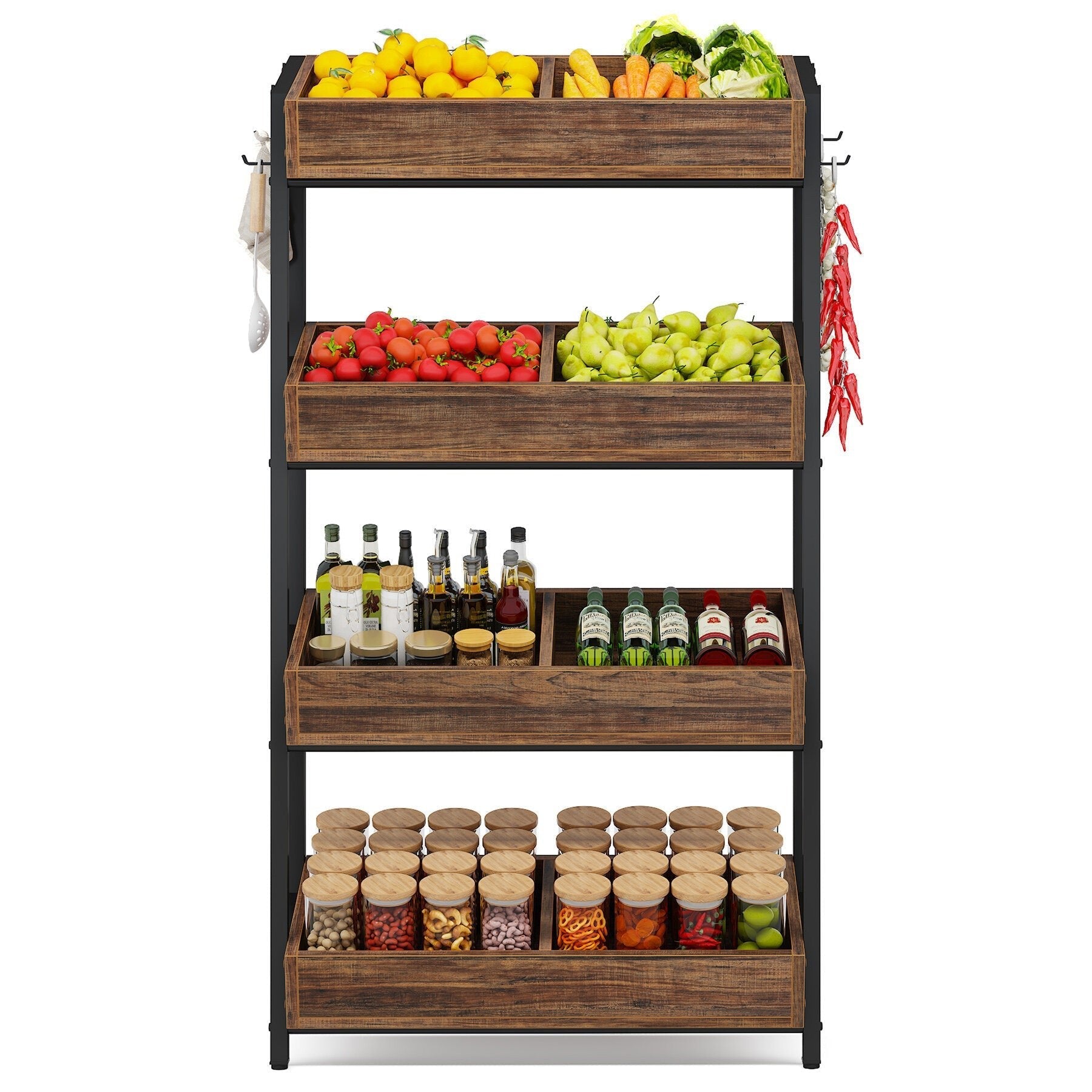 7DAY'S Wood Fruit Vegetable Storage Rack Stand, 4-Tier Storage Organizer