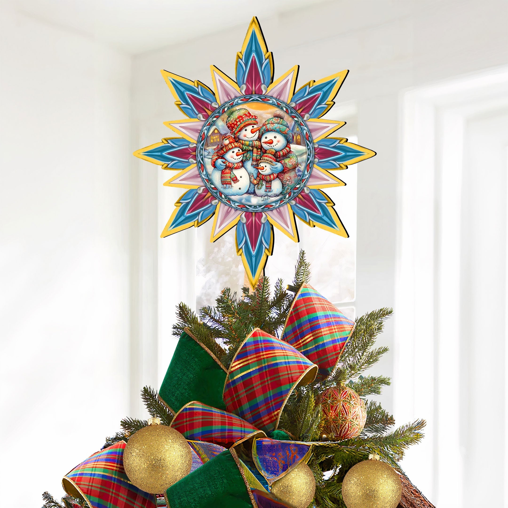 Snowman Family Star Tree Topper Wooden Decor by G. Debrekht - Santa Snowman Christmas Decor - 89511