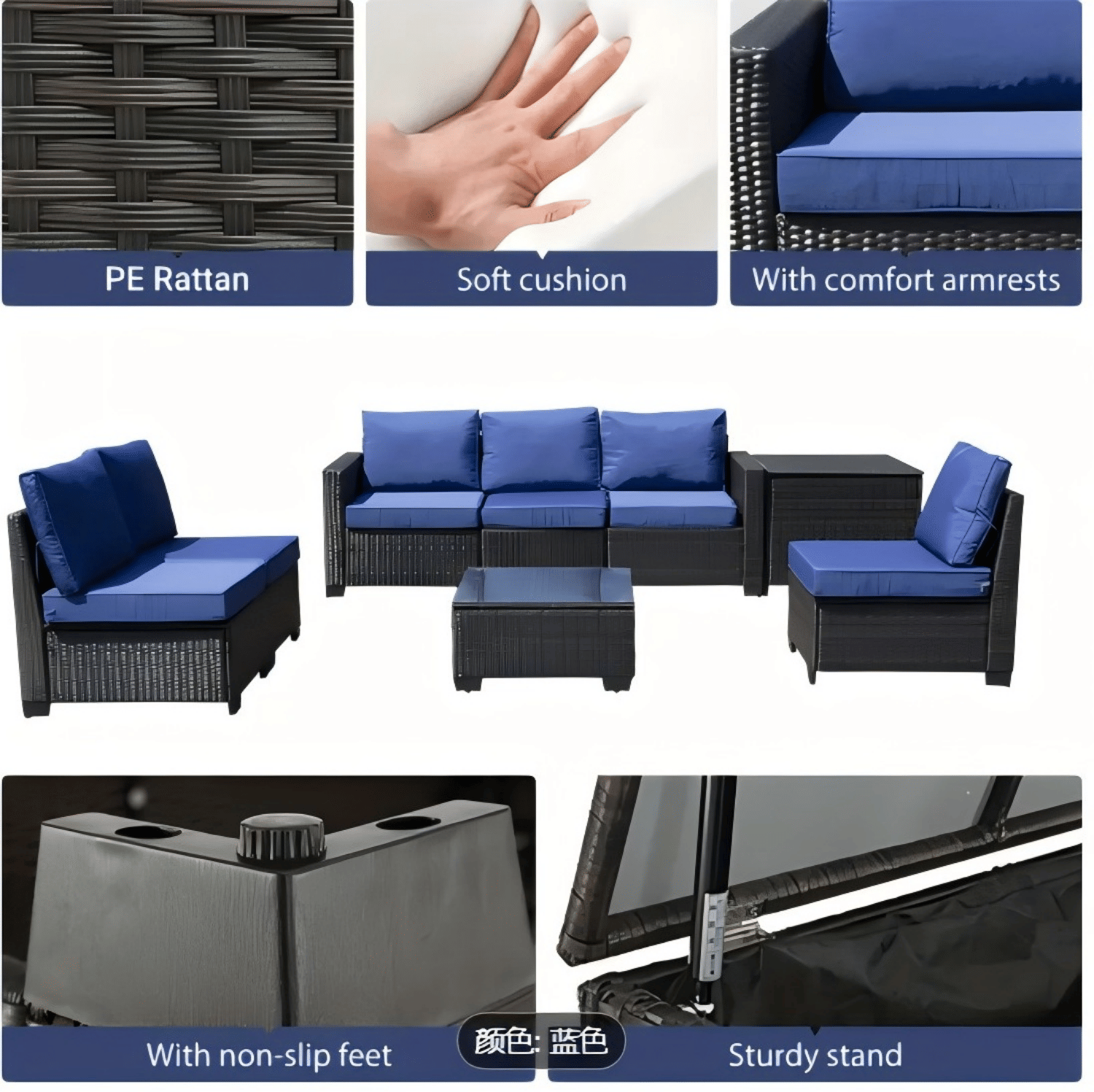 8-piece patio furniture set, all-weather outdoor wicker combination conversation sofa, rattan patio sofa with cushion and glass coffee table, with storage