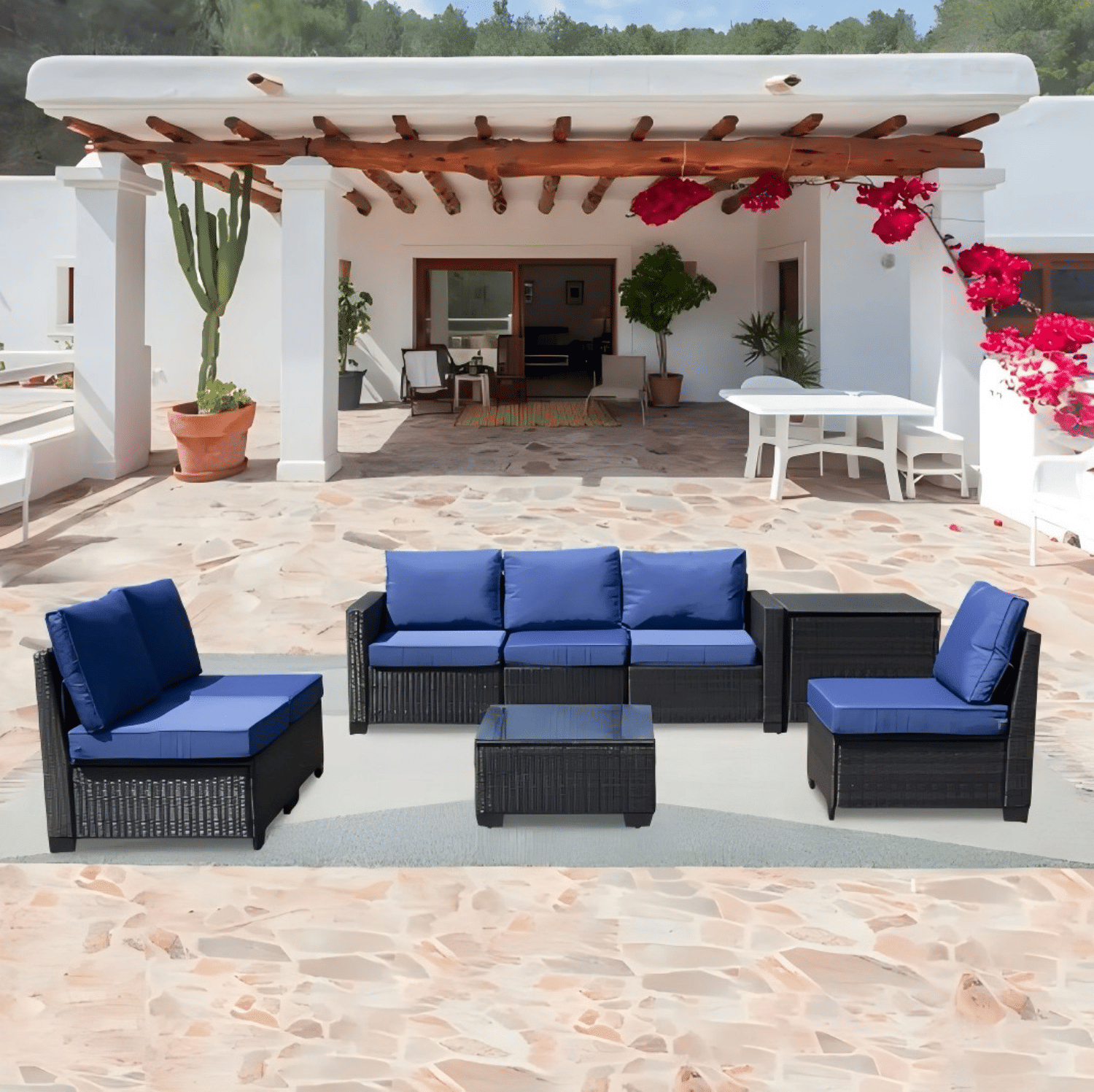 8-piece patio furniture set, all-weather outdoor wicker combination conversation sofa, rattan patio sofa with cushion and glass coffee table, with storage