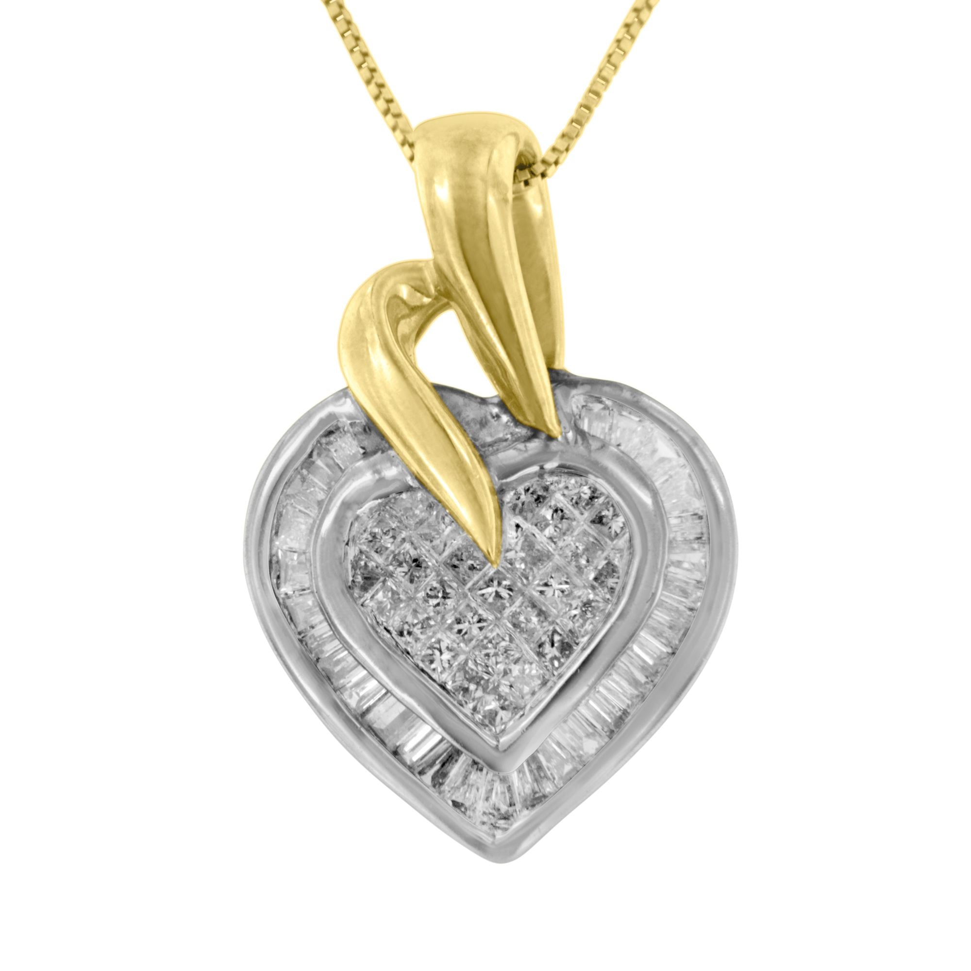 10K Two-Tone Baguette And Princess Cut Diamond Love Is Golden Halo Pendant Necklace (1/2 Cttw, H-I Color, I1-I2 Clarity)