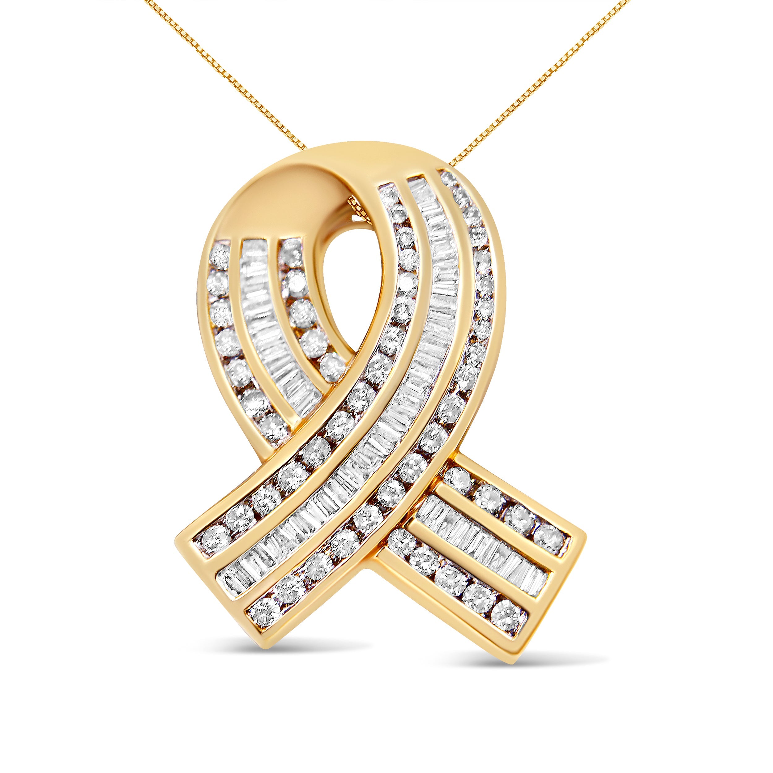 14K Yellow Gold 2 5/8 Cttw Channel Set White Diamond Awareness Ribbon Pendant Necklace (G-H Color, Vs1-Vs2 Clarity) - No Chain