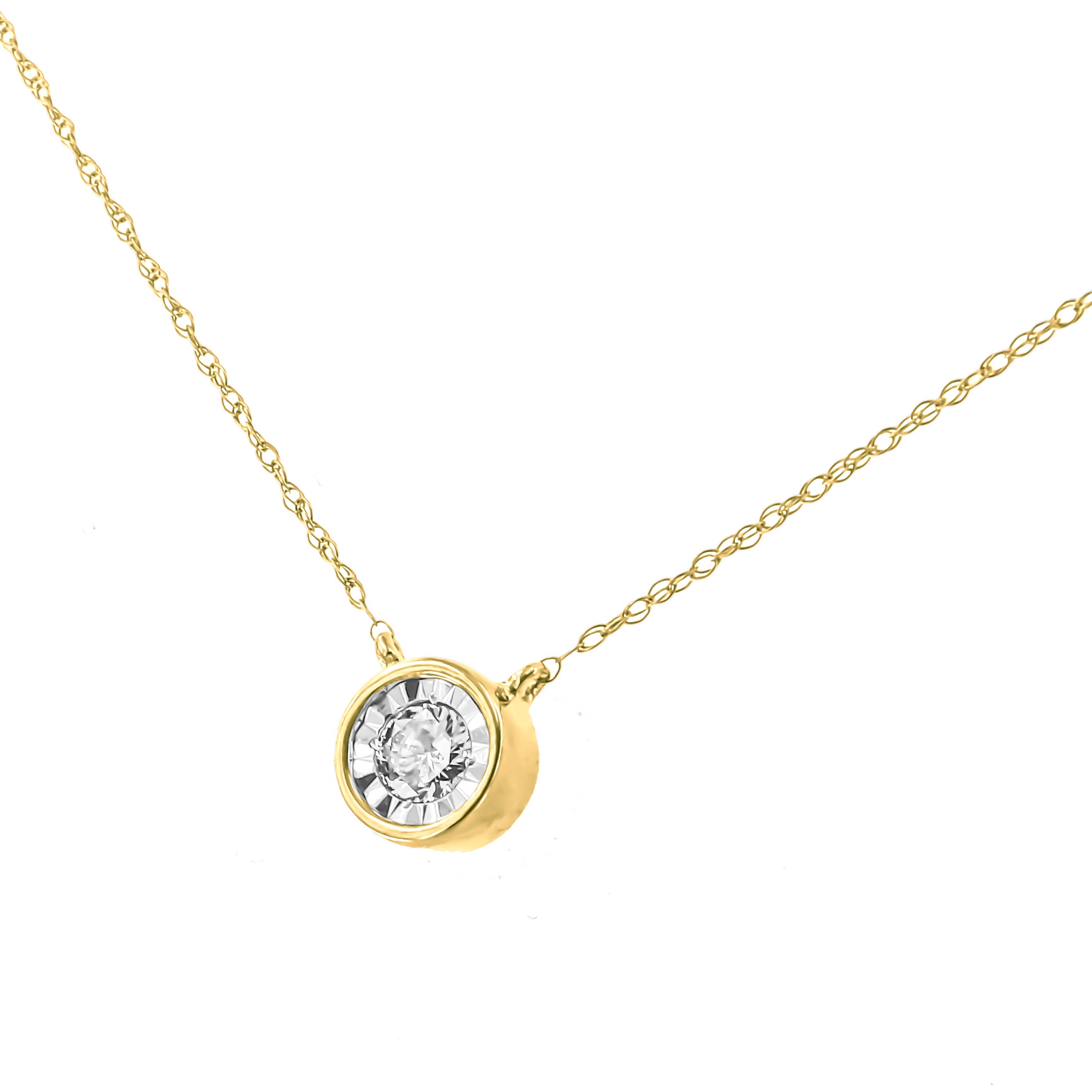 10K Yellow Gold 1/5 Cttw Round Brilliant-Cut Diamond Modern Bezel-Set Solitaire Pendant Necklace (J-K Color, I2-I3 Clarity) - 16" With 2" Extender