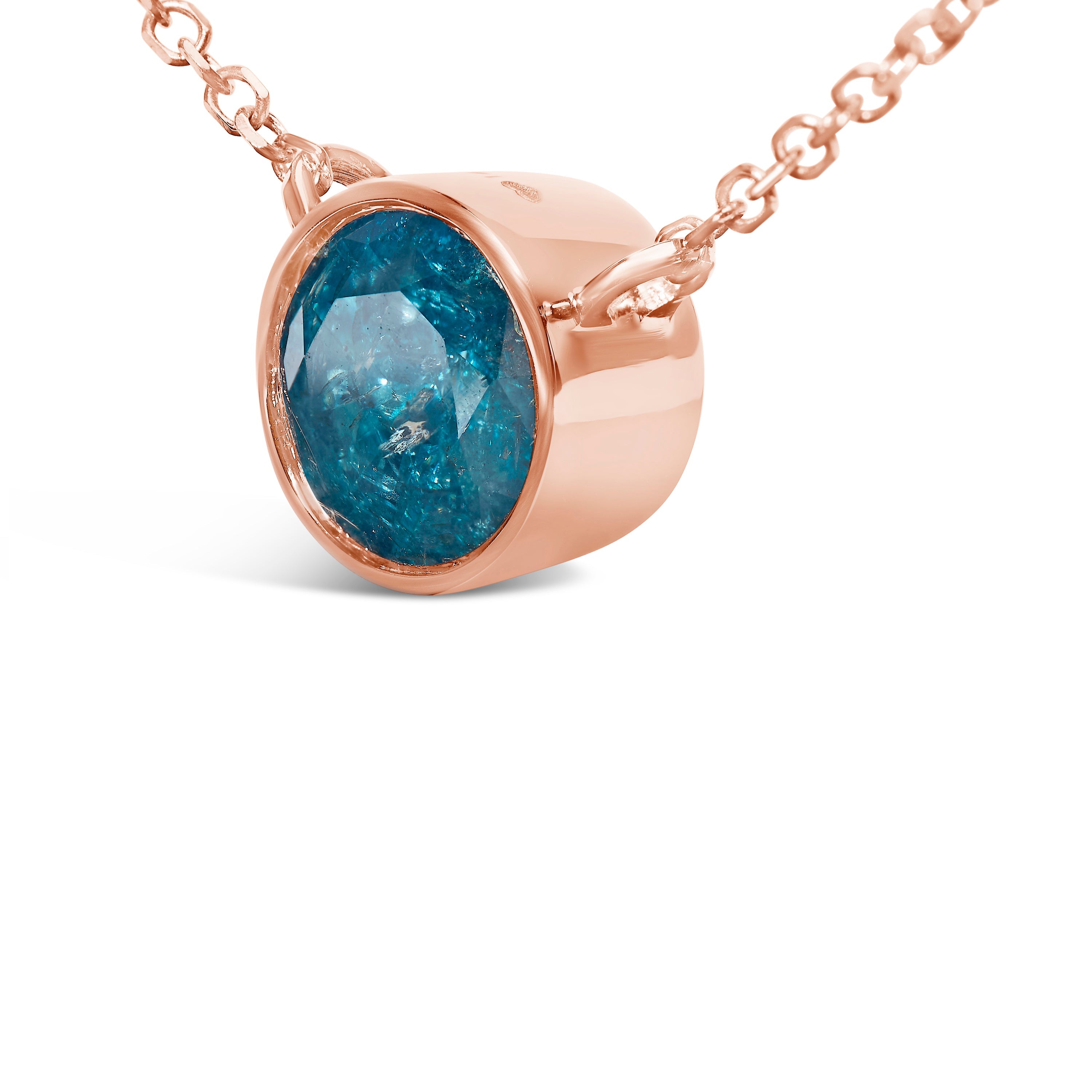 14K Rose Gold 2.0 Cttw Bezel Set Blue Diamond Solitaire Pendant Necklace  - 18" Inches