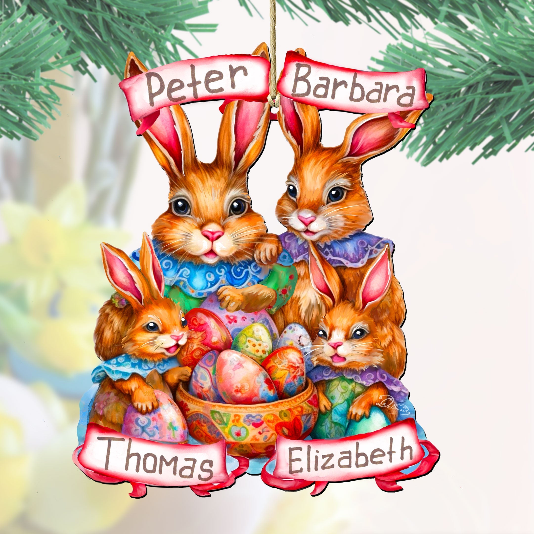 Personalized Family Easter Ornaments, Easter Basket Tag - 4 Family Member Names Bunny with Eggs Wooden Ornaments by G. Debrekht Easter Spring Decor - 8652787P