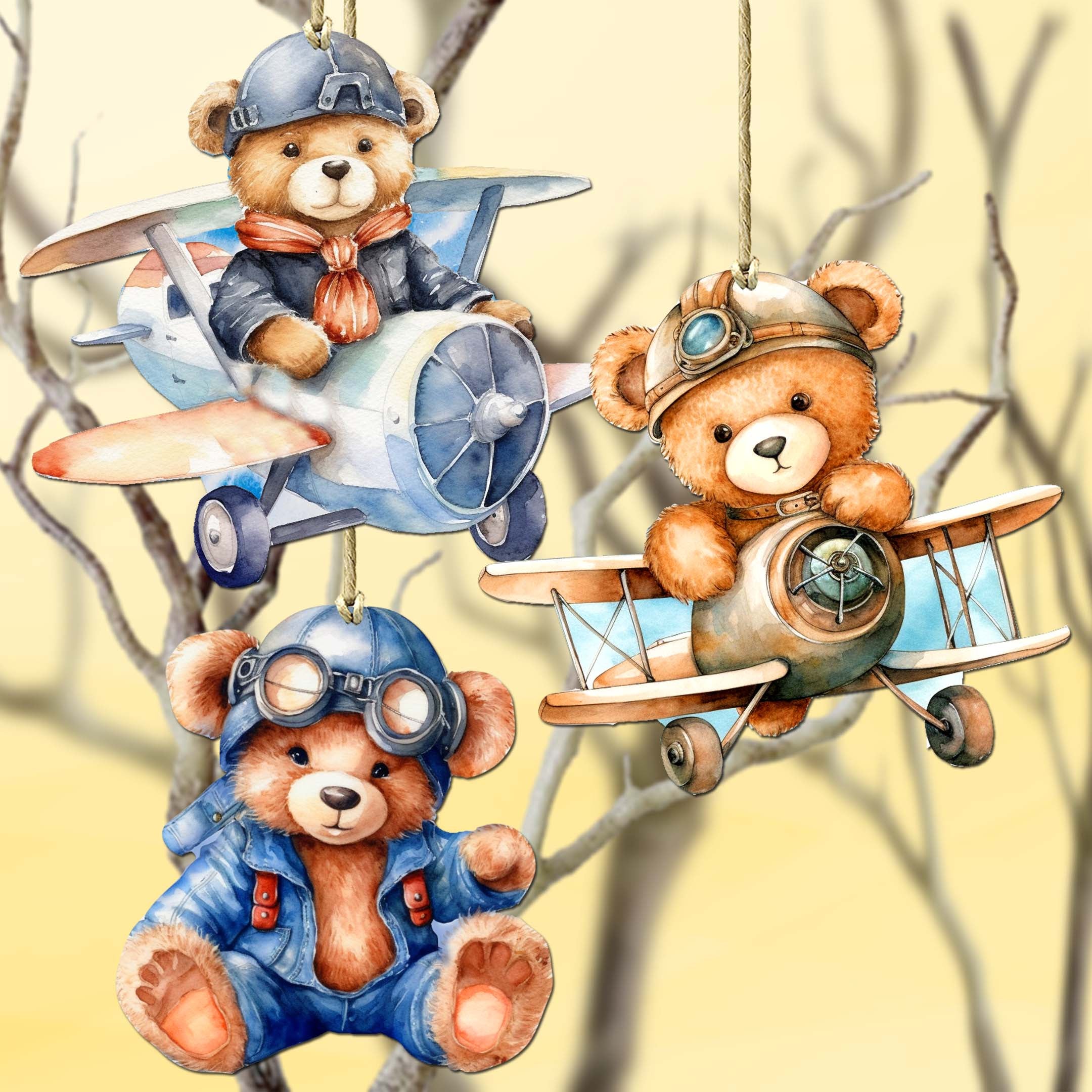 Aviator Teddy Bear Decorative Wooden Ornaments of 3 by G. Debrekht - Christmas Décor - 8091010-S3