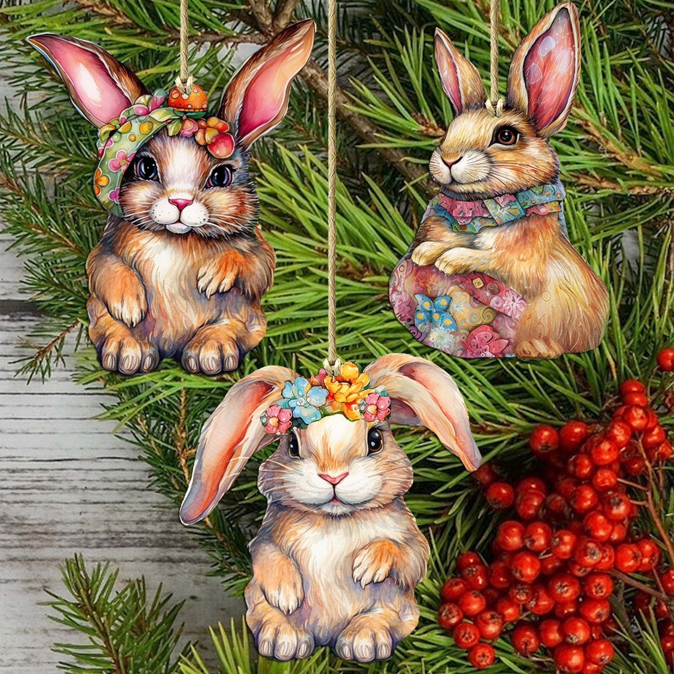 Easter Bunnies Wooden Ornaments Set of 3 by G. Debrekht - Easter Décor - 8091042-S3