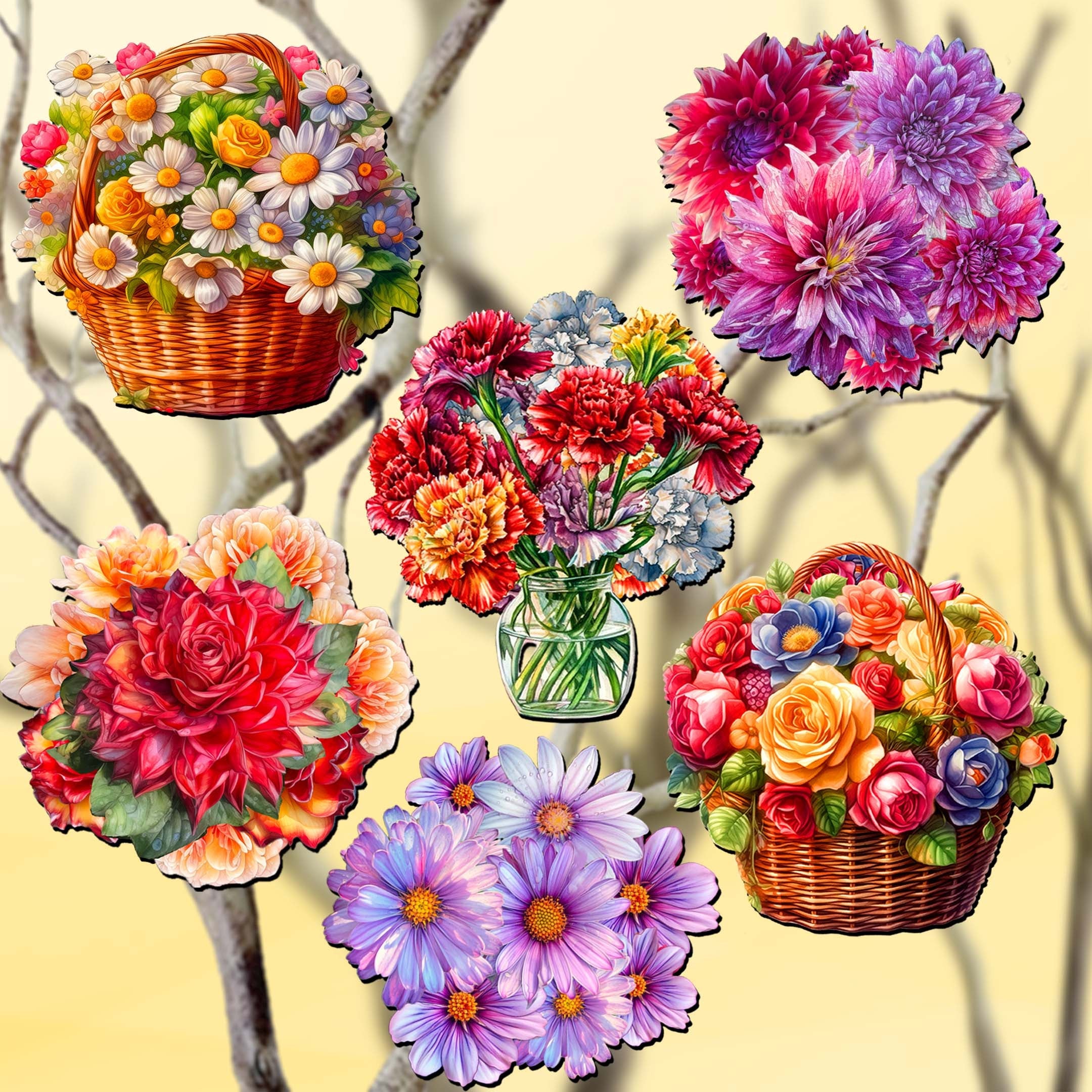Flowers Decorative Wooden Clip-on Ornaments Set of 6 by G. Debrekht - Love Family Décor - 8090076C-S6