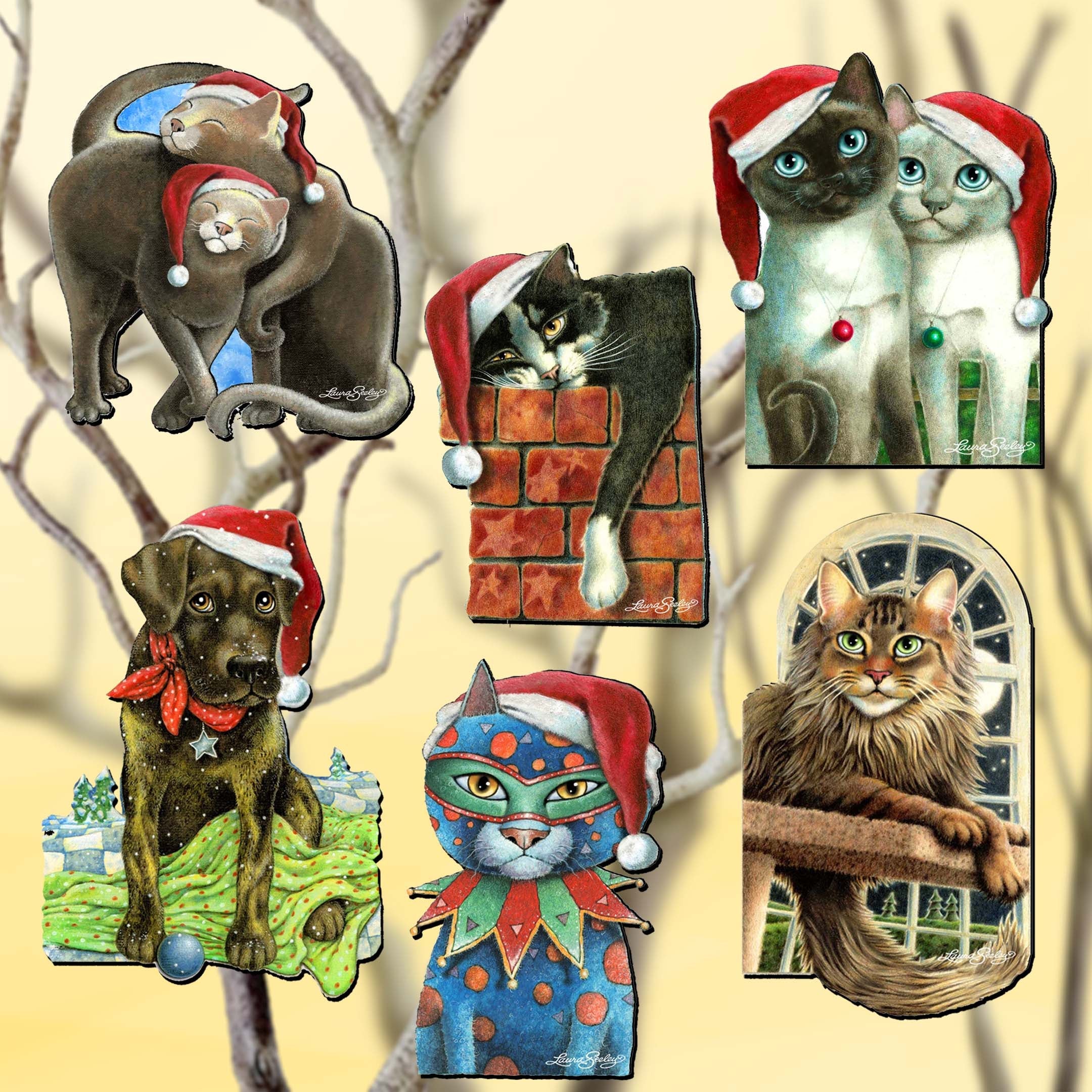 Dog and Cats Decorative Wooden Clip-on Ornaments Set of 6 by L. Seeley  - Pets Dog and Cat Décor - 8090139C-S6