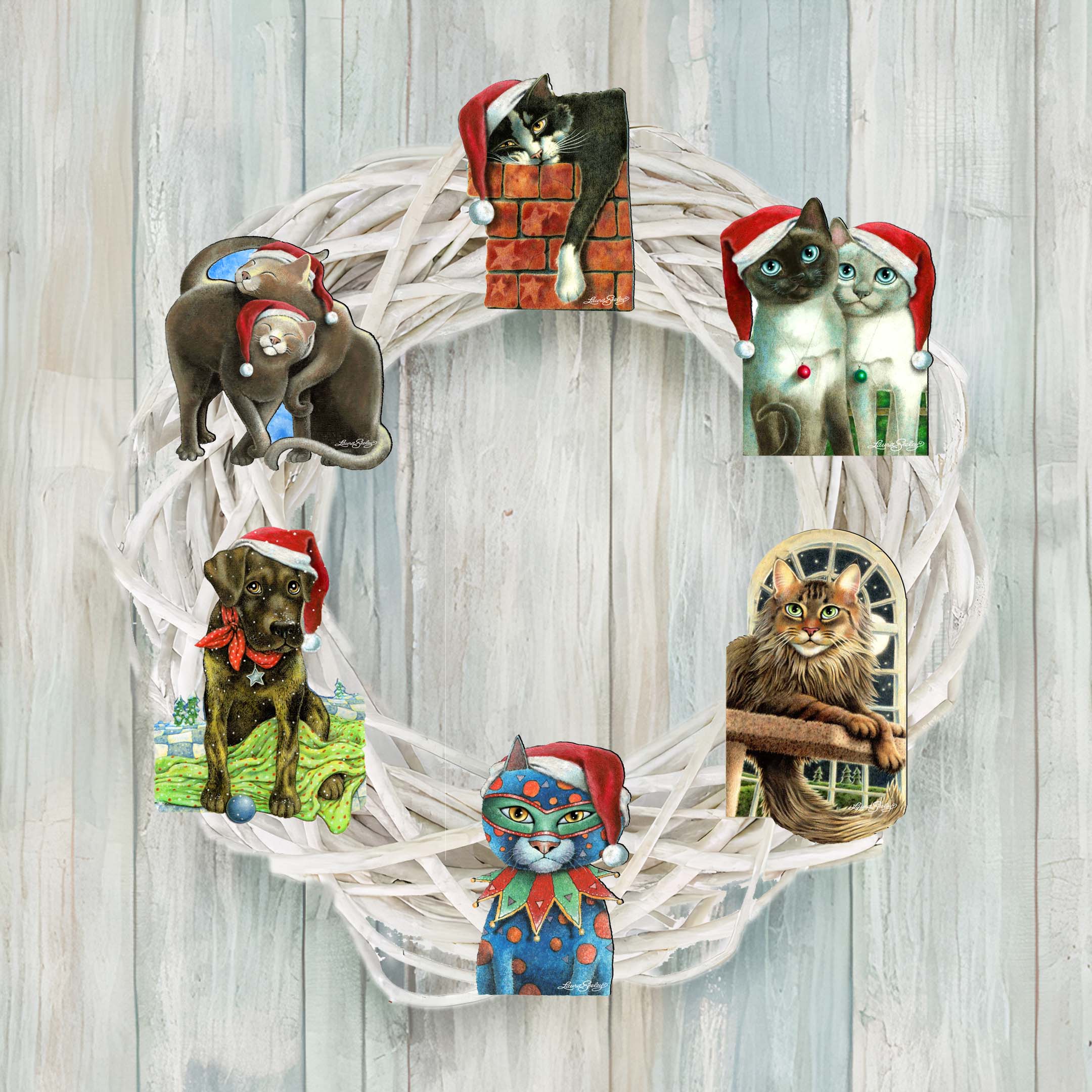 Dog and Cats Decorative Wooden Clip-on Ornaments Set of 6 by L. Seeley  - Pets Dog and Cat Décor - 8090139C-S6