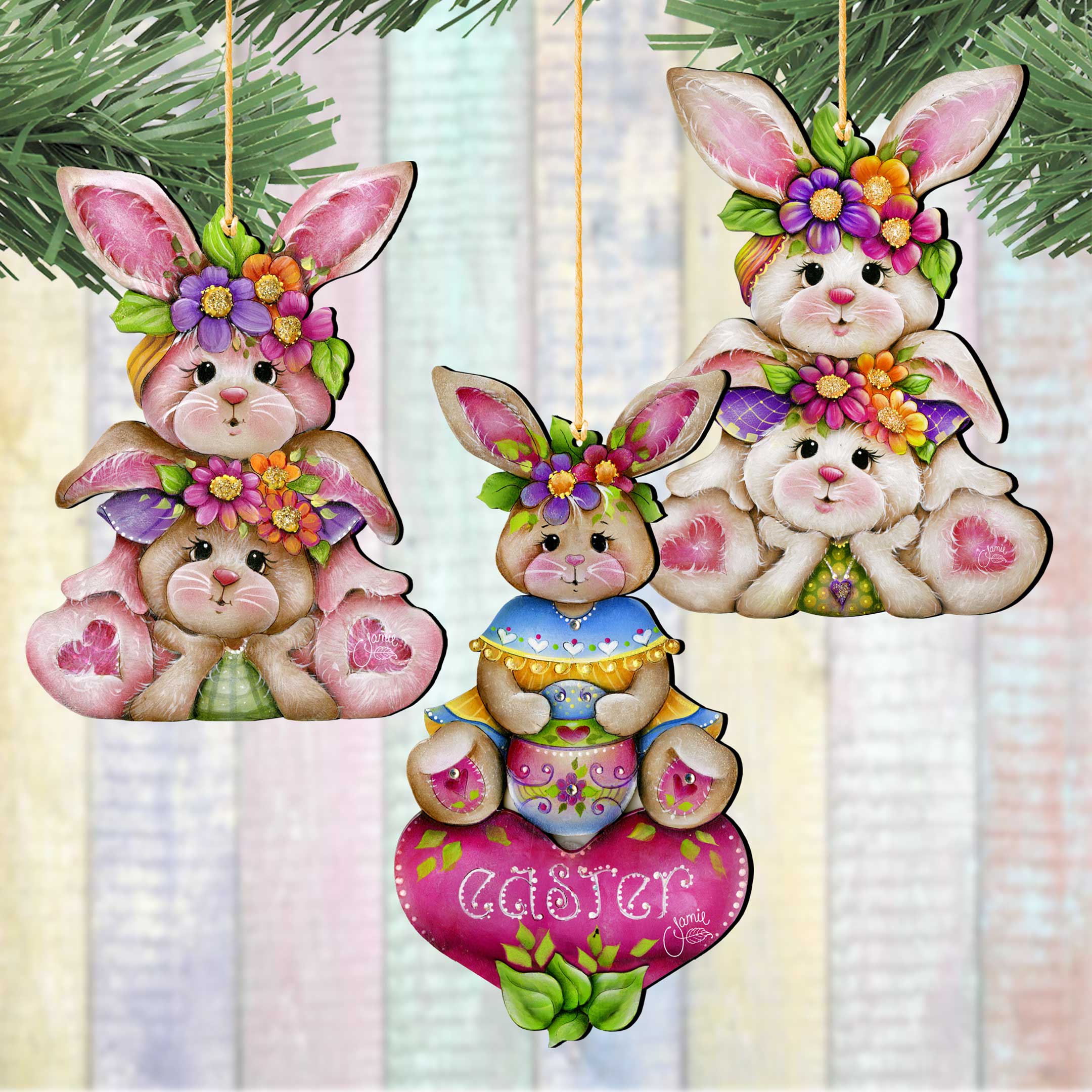 Easter Bunny Ornaments Set of 3- Spring Home Decor -Easter Basket Tag - Easter Gift by J. Mills-Price - 8091046-S3