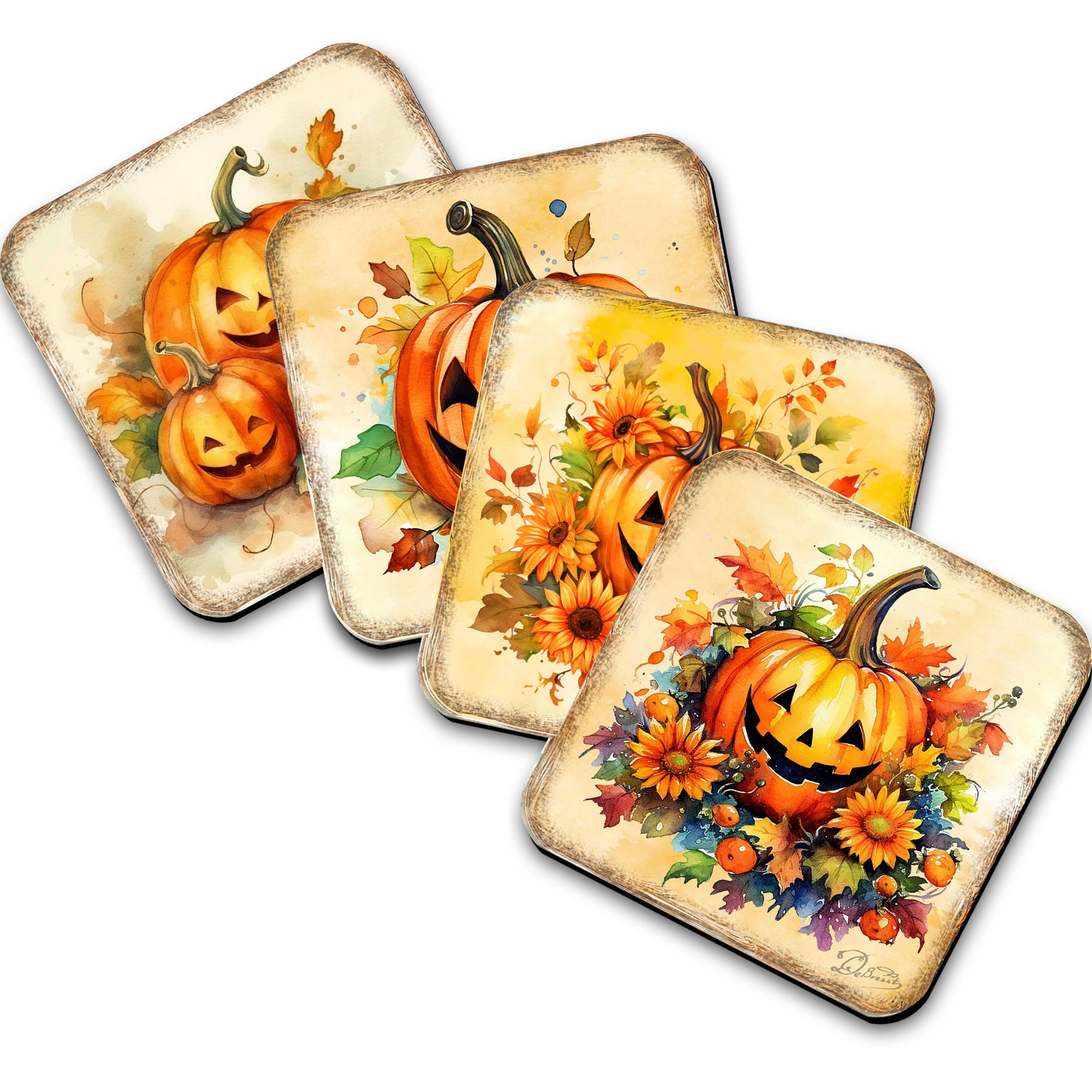 Halloween Pumpkin Wooden Cork Coasters Gift Set of 4 by G. Debrekht - Thanksgiving Decor  - 8199448C-S4